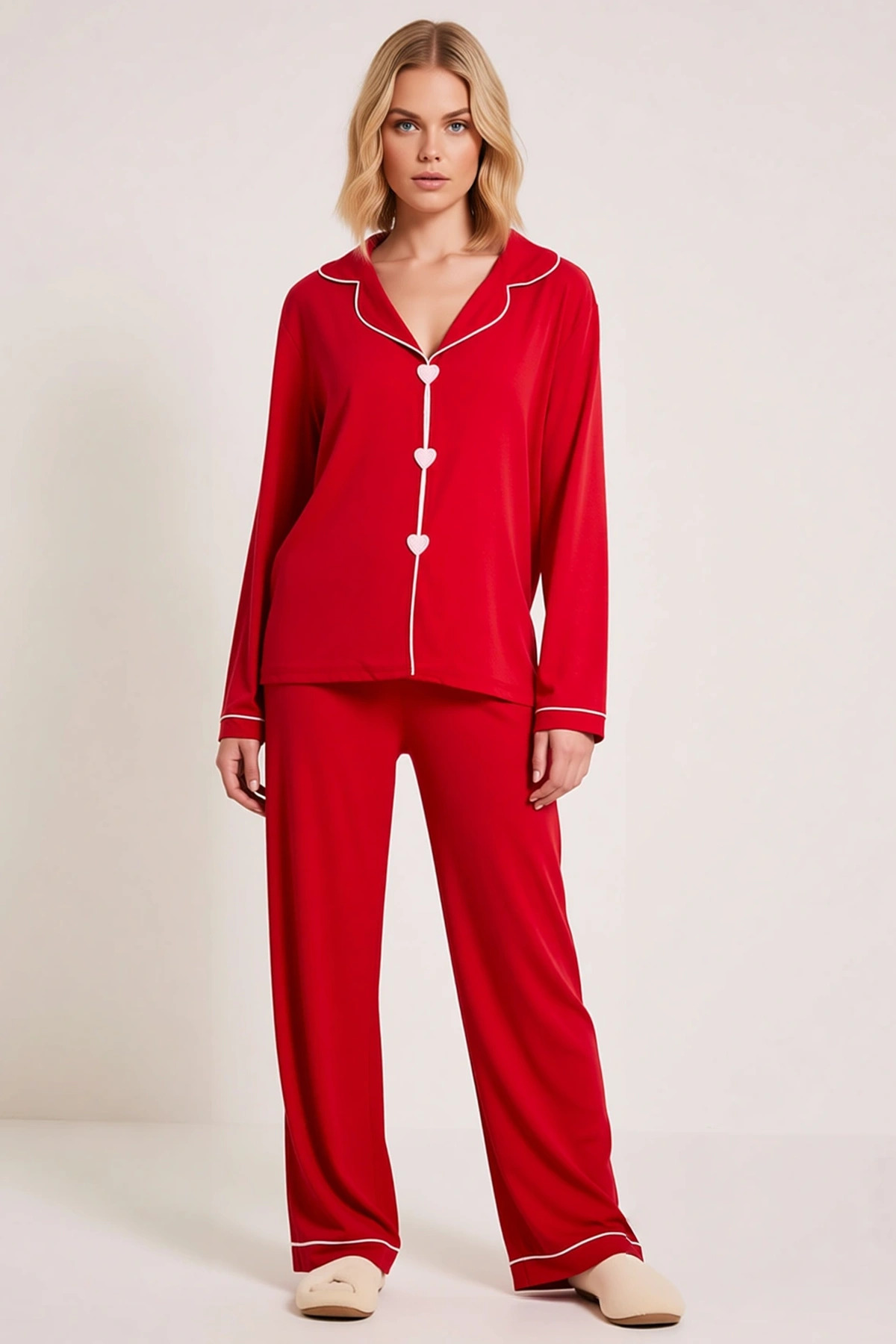 Kadın Gömlek Yaka Standart Kol Regular Kalıp Dokuma Pijama Takımı Uzun Kollu Modern