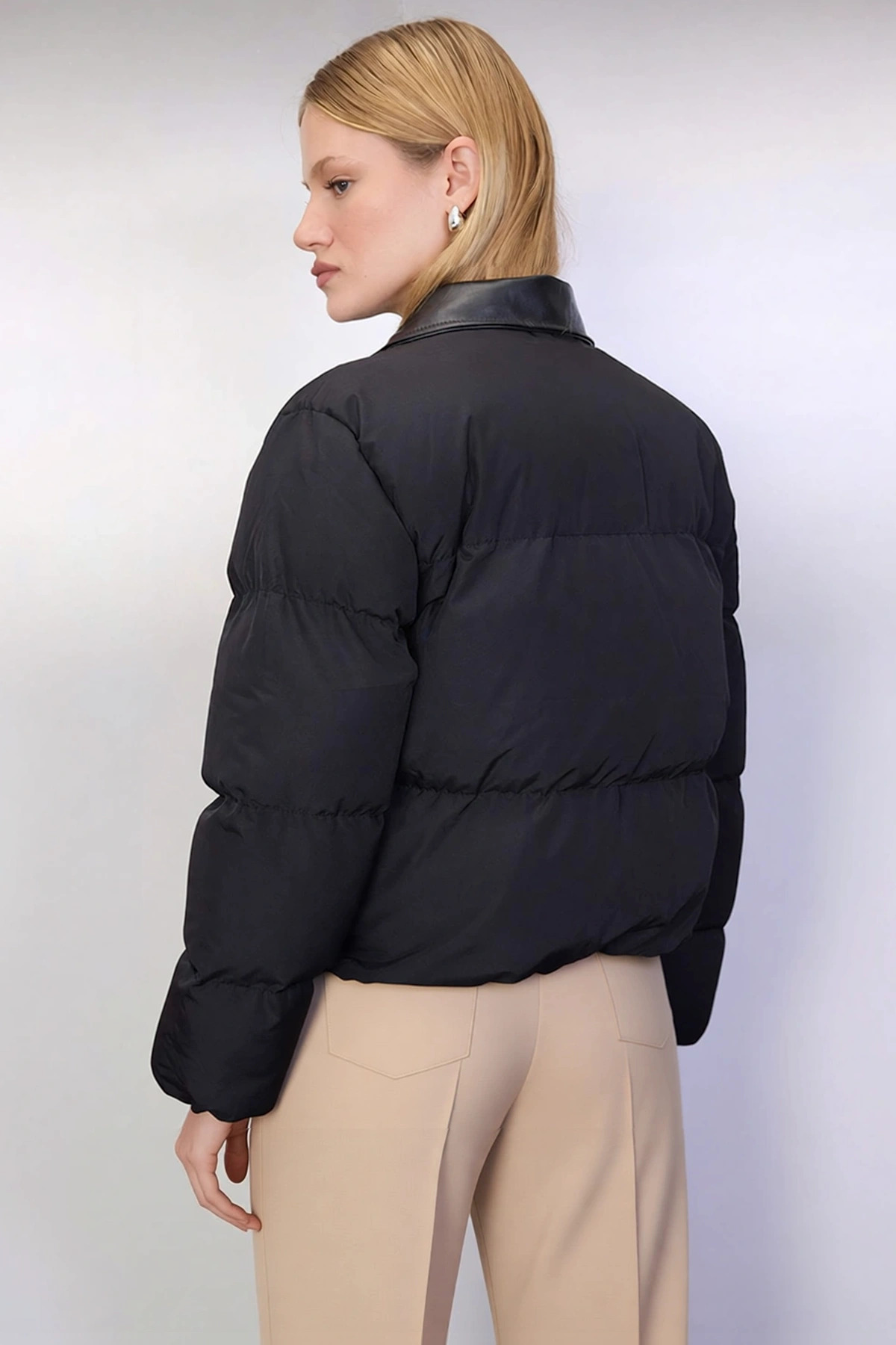 Kadın Oversize Gömlek Yaka Standart Kol Düz Desen Şişme Mont Fonksiyonel Dayanıklı Estetik