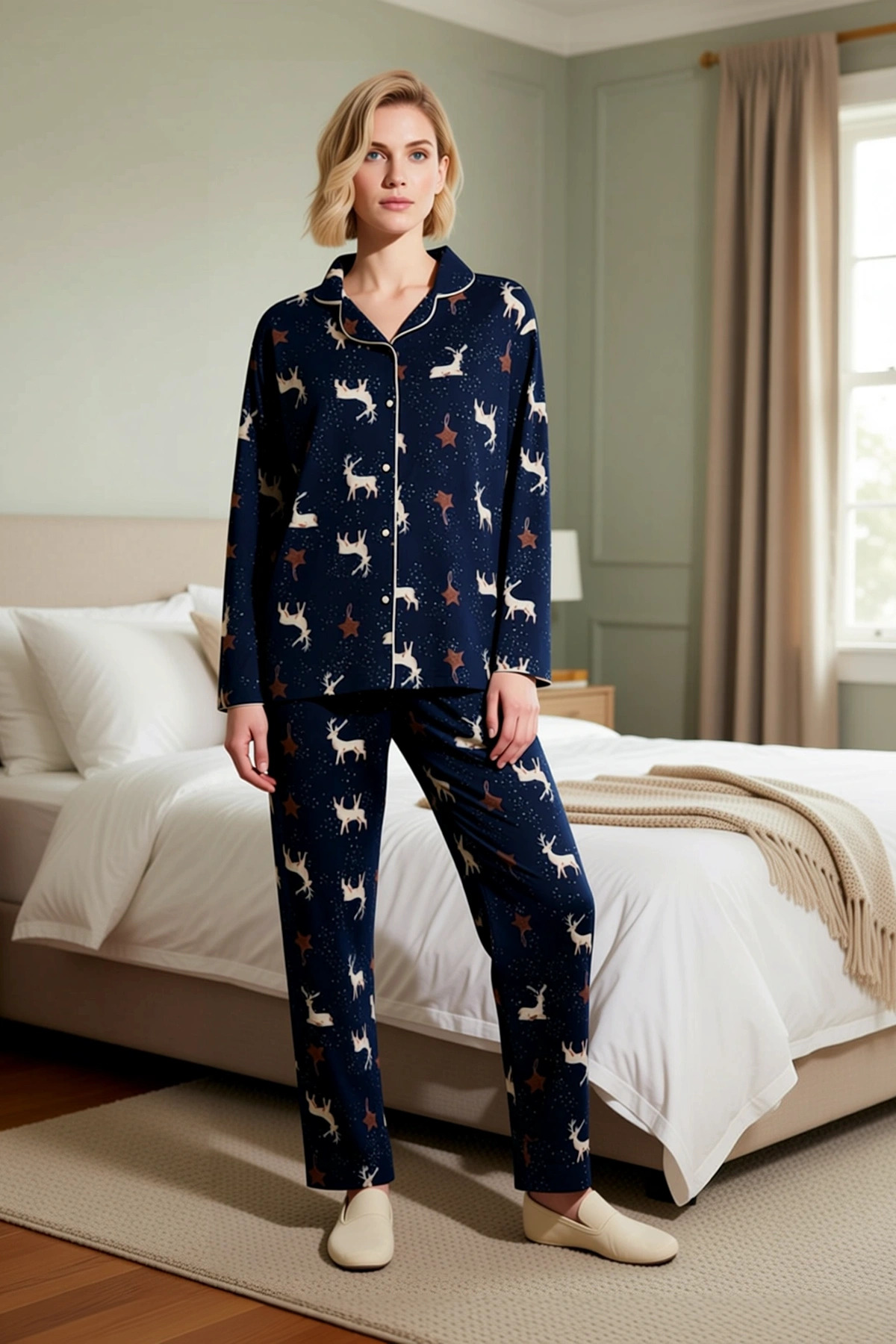 Kadın Gömlek Yaka Uzun Kol Regular Kalıp Polar Pijama Takımı Fonksiyonel Dayanıklı Estetik