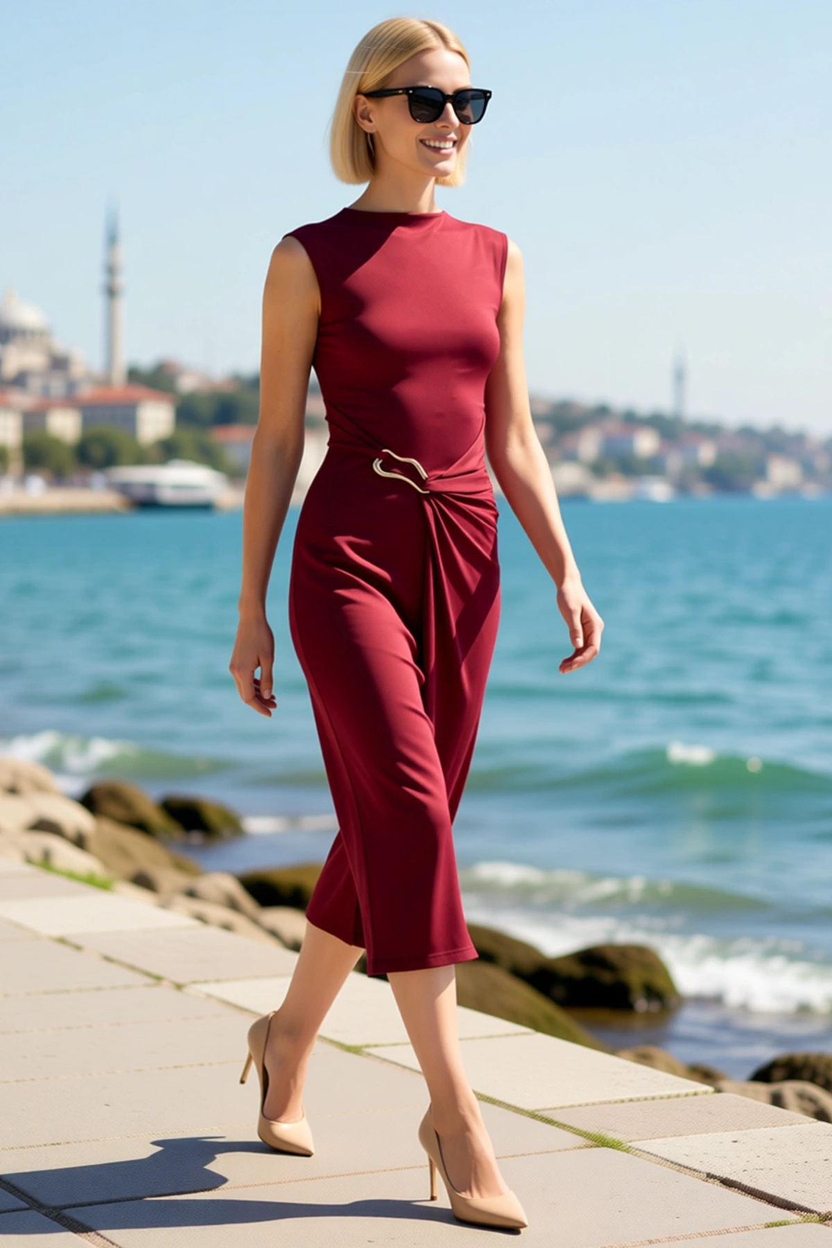 Kadın Bodycon Midi Elbise Kolsuz Kayık Yaka Aksesuar Detaylı Örne Kumaş Zarif Gece Günlük Rahat
