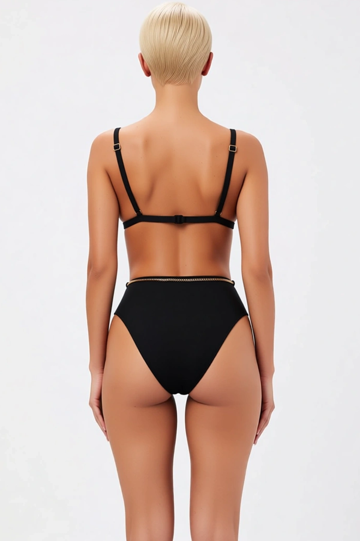 Kadın Bikini Takımı Üçgen Kap Yüksek Bel Düz Desen Zincir Charm Aksesuarlı Örme Kumaş Slip Alt