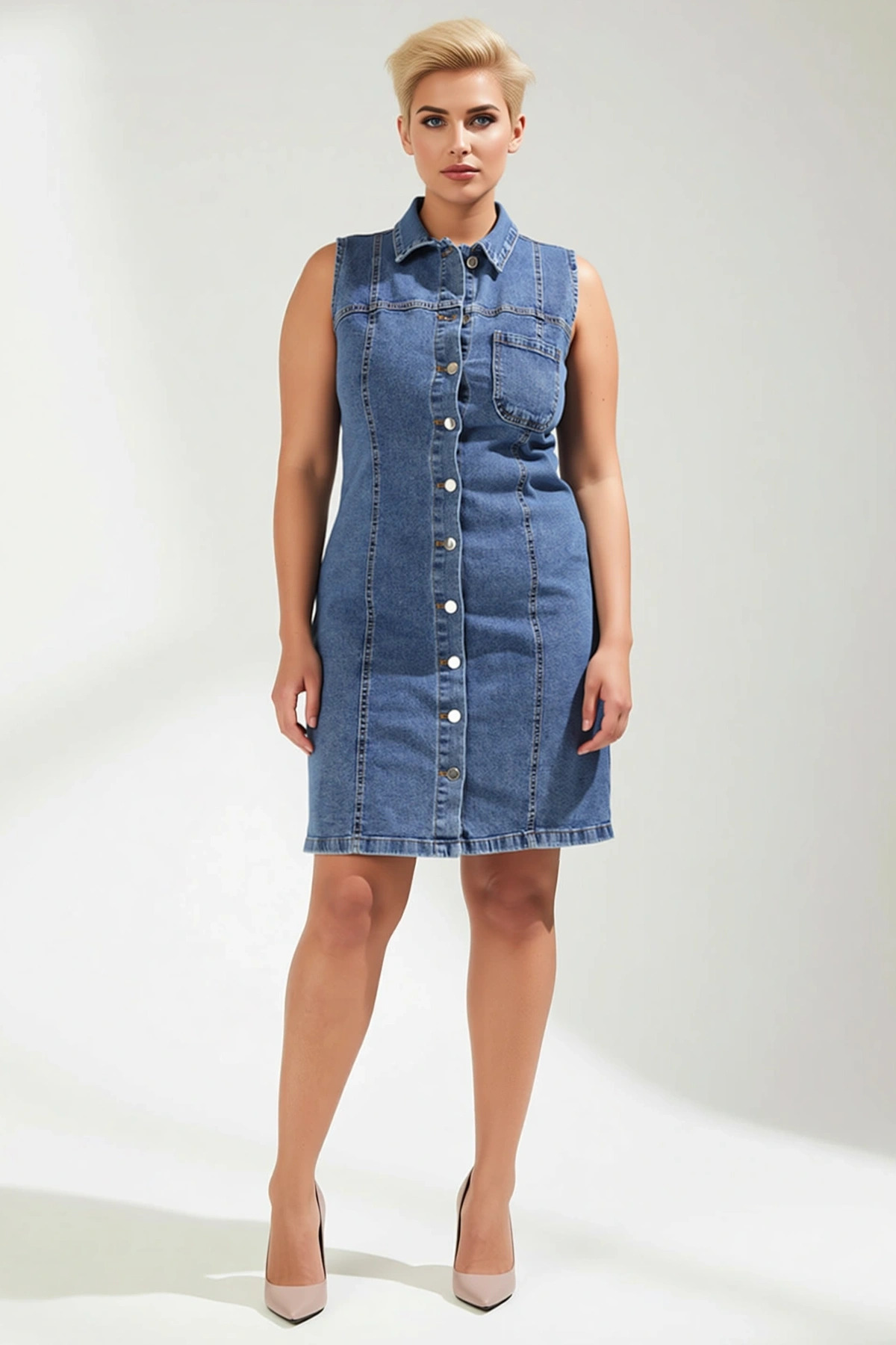 Kadın Büyük Beden Kolsuz Gömlek Yaka Cepli Shift Kesim %100 Pamuk Denim Elbise Günlük Rahat Modern