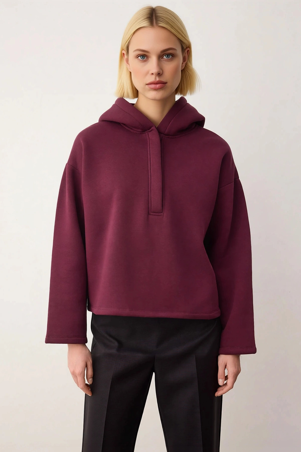 Kadın Kapüşonlu Düşük Kol Oversize Örme Sweatshirt Fonksiyonel Dayanıklı Kaliteli Konforlu