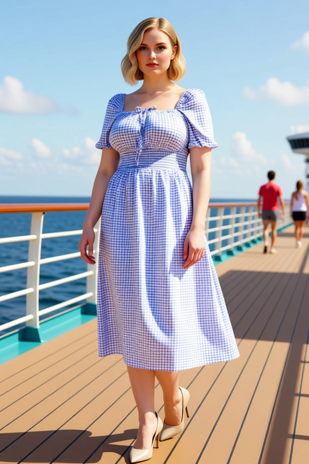 Alternative view of Kadın Kare Yaka Balon Kol Midi Gofre Büyük Beden Dokuma Elbise Fonksiyonel Şık