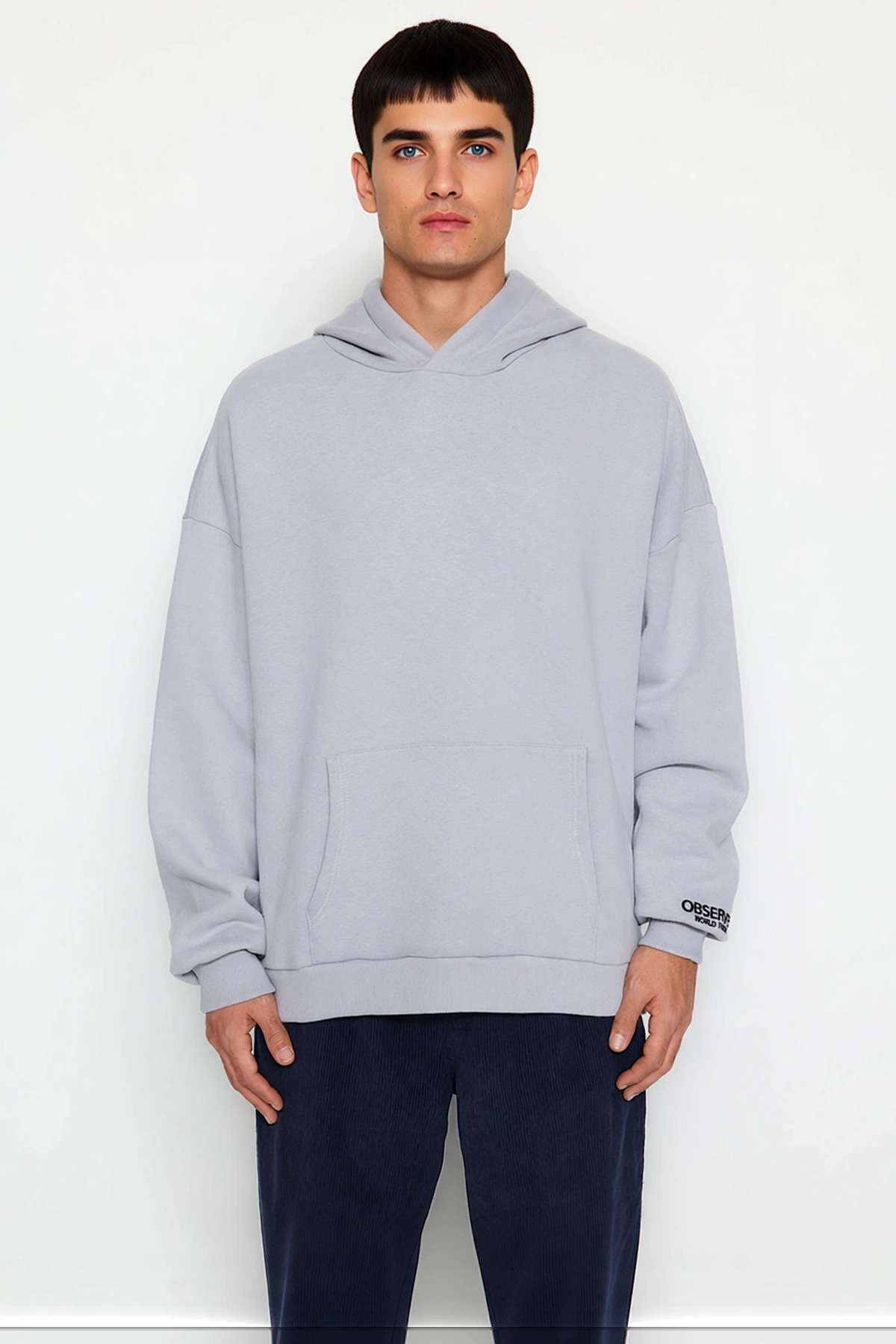 Erkek Kapüşonlu Standart Kol Oversize Kalıp Slogan Desenli Sweatshirt Fonksiyonel Kaliteli