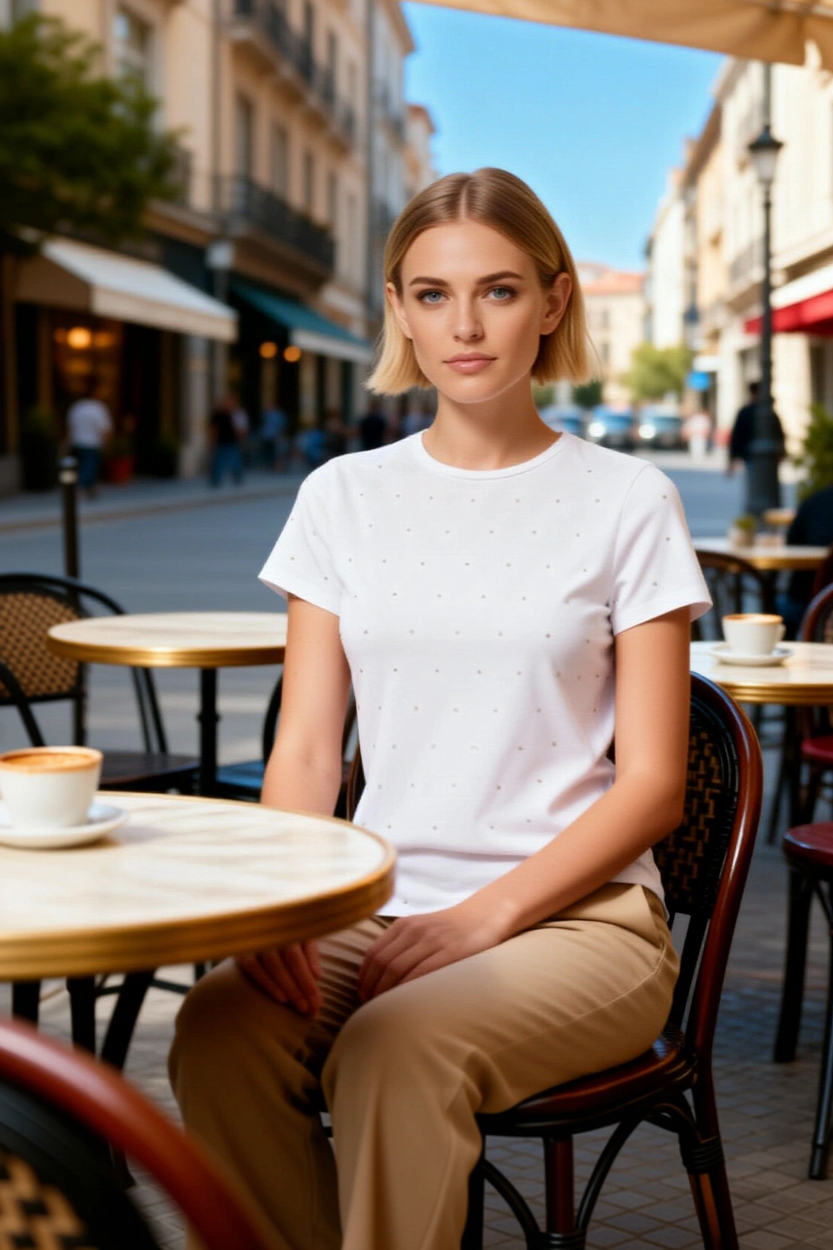 Kadın T shirt Bisiklet Yaka Kısa Kol Fitted Kalıp Asimetrik Kesim Taş Detaylı Örme Kumaş