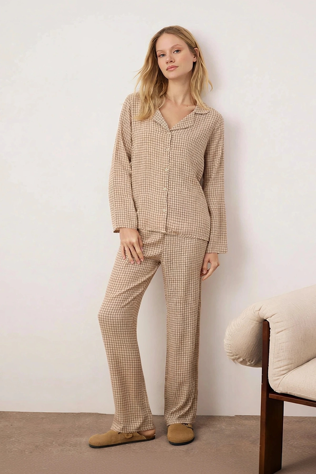 Kadın Gömlek Yaka Uzun Kol Regular Kalıp Dokuma Shally Ekose Kareli Pijama Takımı Kaliteli