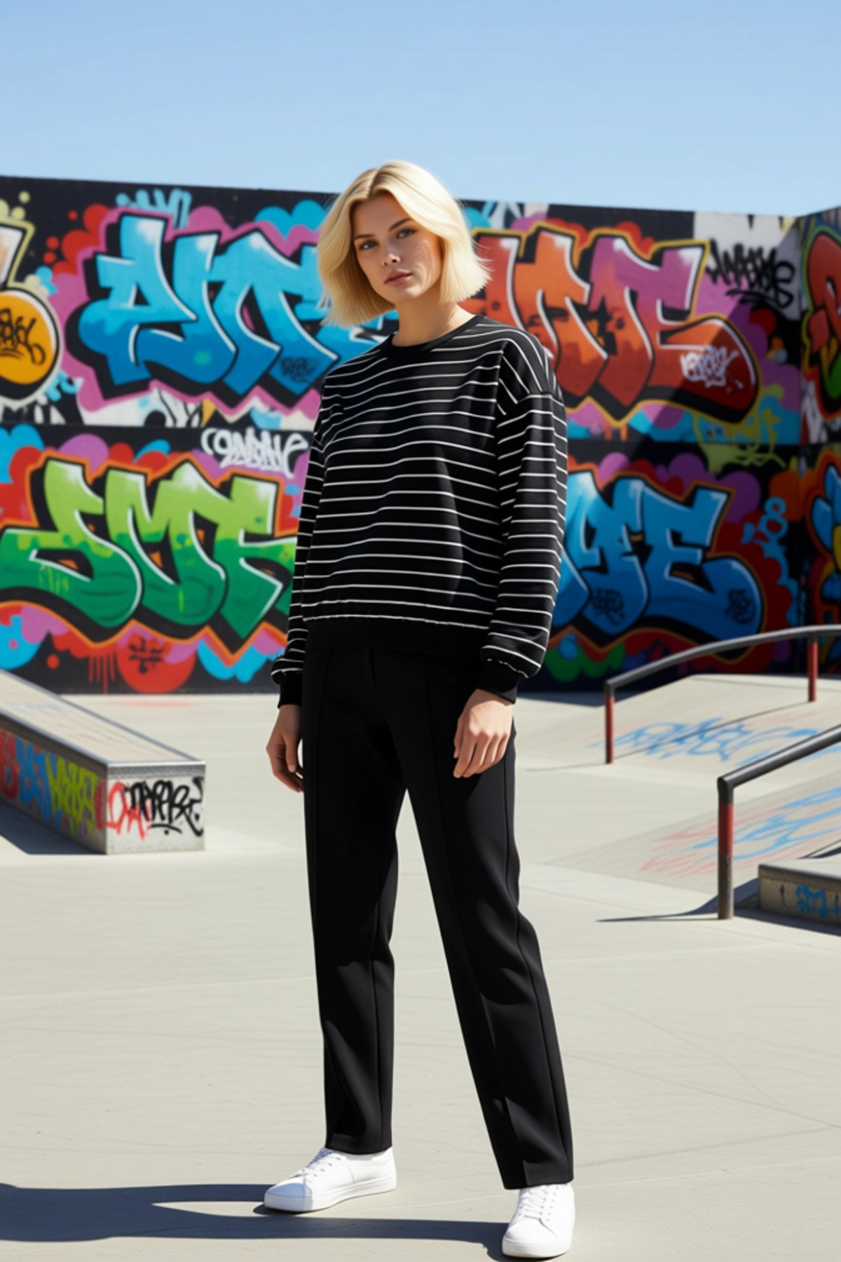 Kadın Bisiklet Yaka Düşük Kol Çizgili Regular Örme Sweatshirt Fonksiyonel Dayanıklı Modern