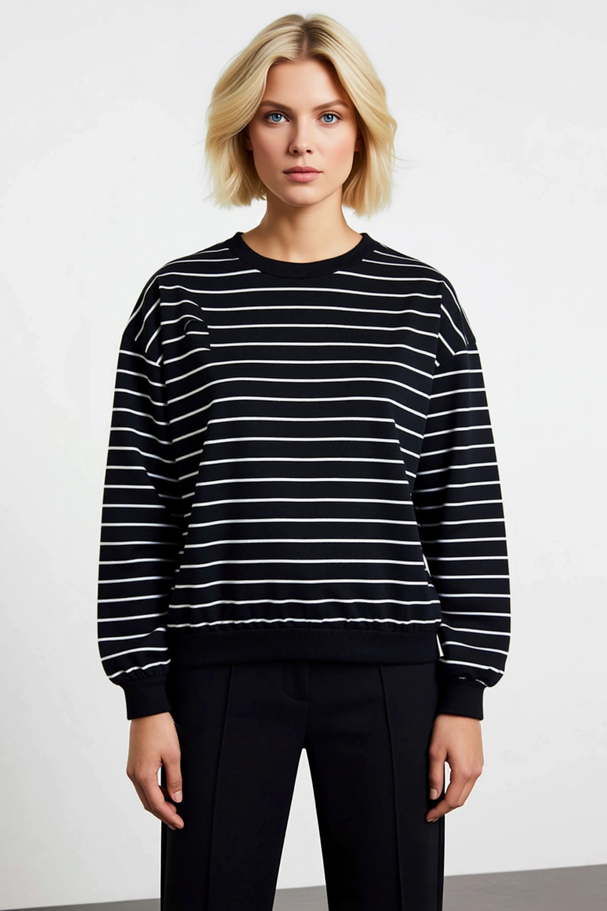 Kadın Bisiklet Yaka Düşük Kol Çizgili Regular Örme Sweatshirt Fonksiyonel Dayanıklı Modern