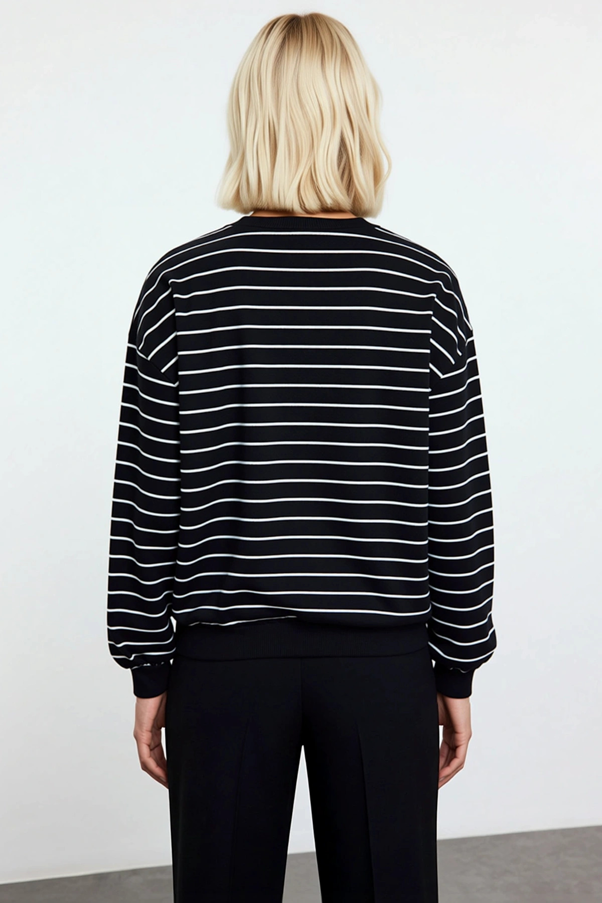 Kadın Bisiklet Yaka Düşük Kol Çizgili Regular Örme Sweatshirt Fonksiyonel Dayanıklı Modern