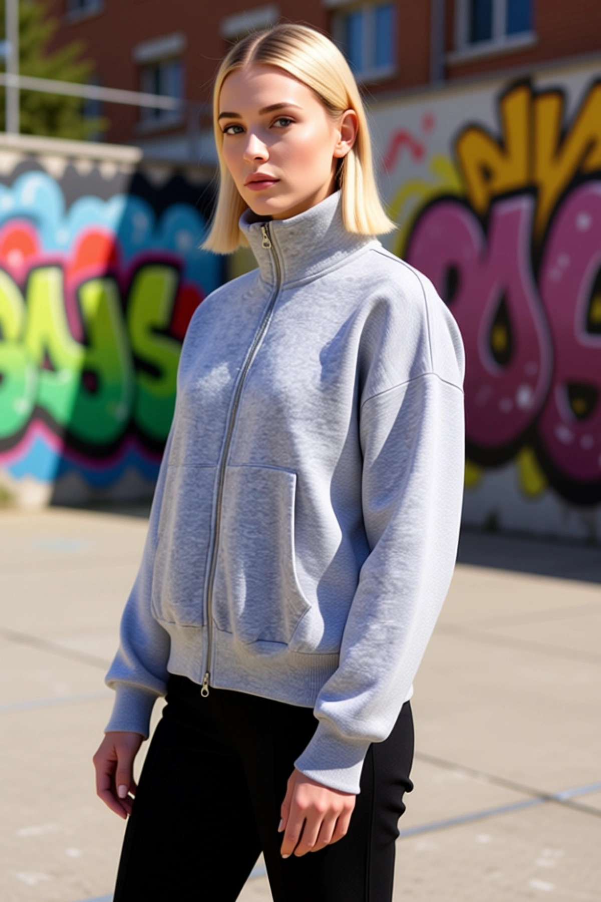 Kadın Dik Yaka Düşük Kol Fermuarlı Geniş Kalıp Sweatshirt Fonksiyonel Dayanıklı Kaliteli Şık