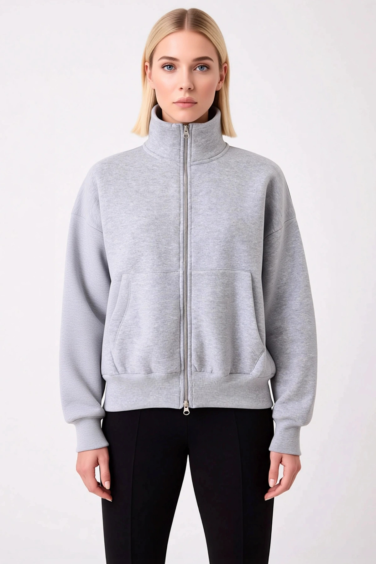 Kadın Dik Yaka Düşük Kol Fermuarlı Geniş Kalıp Sweatshirt Fonksiyonel Dayanıklı Kaliteli Şık