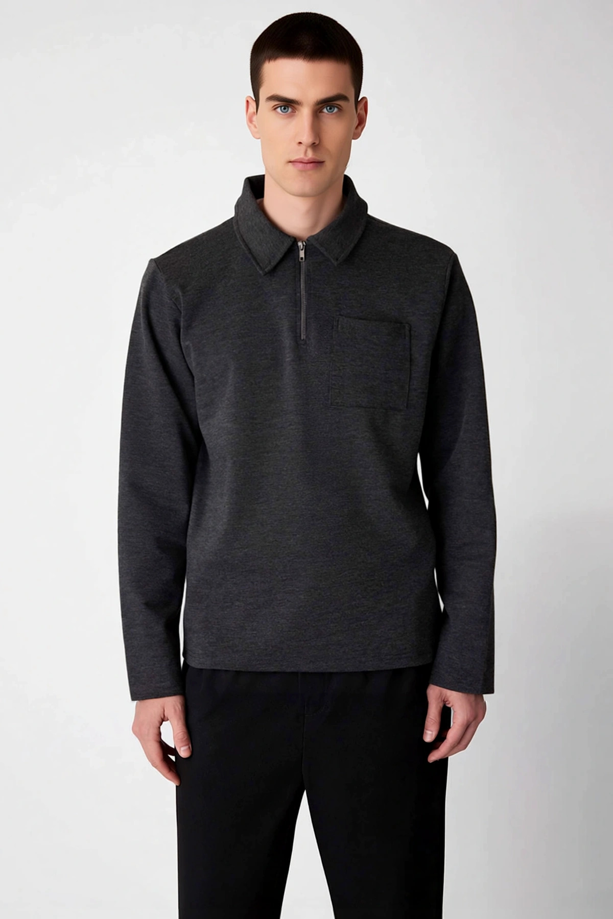 Erkek Polo Yaka Fermuarlı Standart Kol Sweatshirt Fonksiyonel Dayanıklı Kaliteli Konforlu Şık