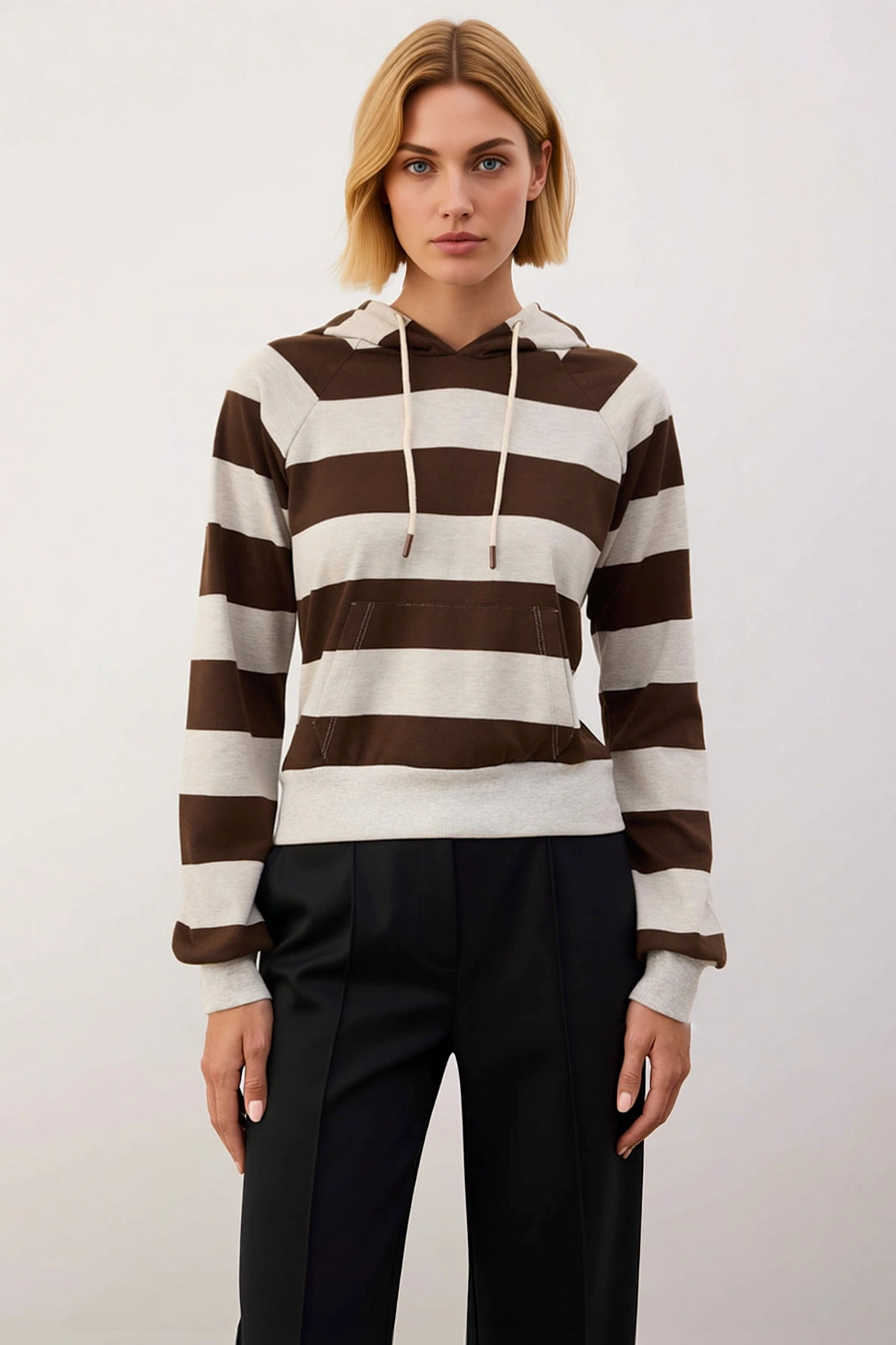Kadın Kapüşonlu Düşük Kol Çizgili Örme Sweatshirt Fonksiyonel Dayanıklı Kaliteli Konforlu Şık