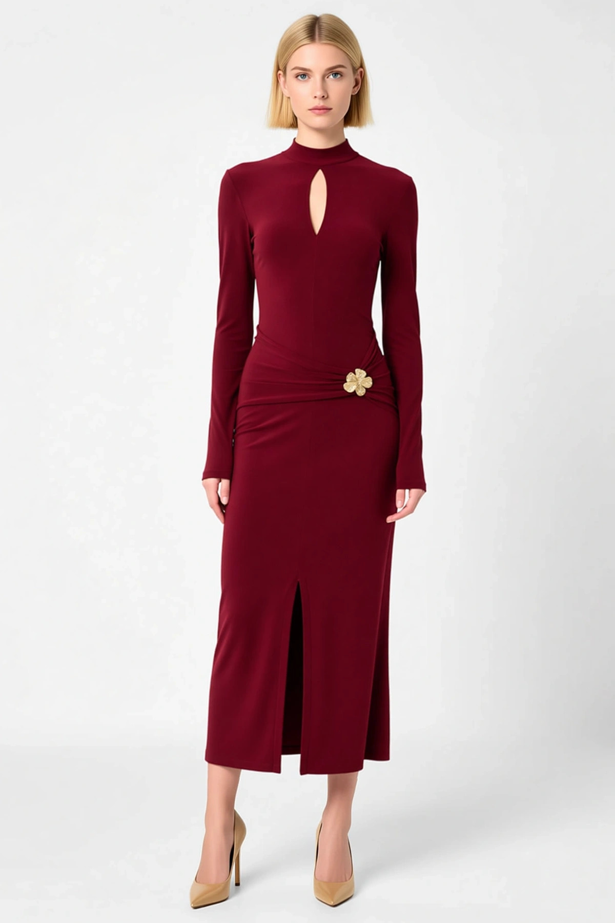 Kadın Dik Yaka Uzun Kol Bodycon Kalıp Örme Maxi Elbise Aksesuar Detaylı Astarlı Fonksiyonel