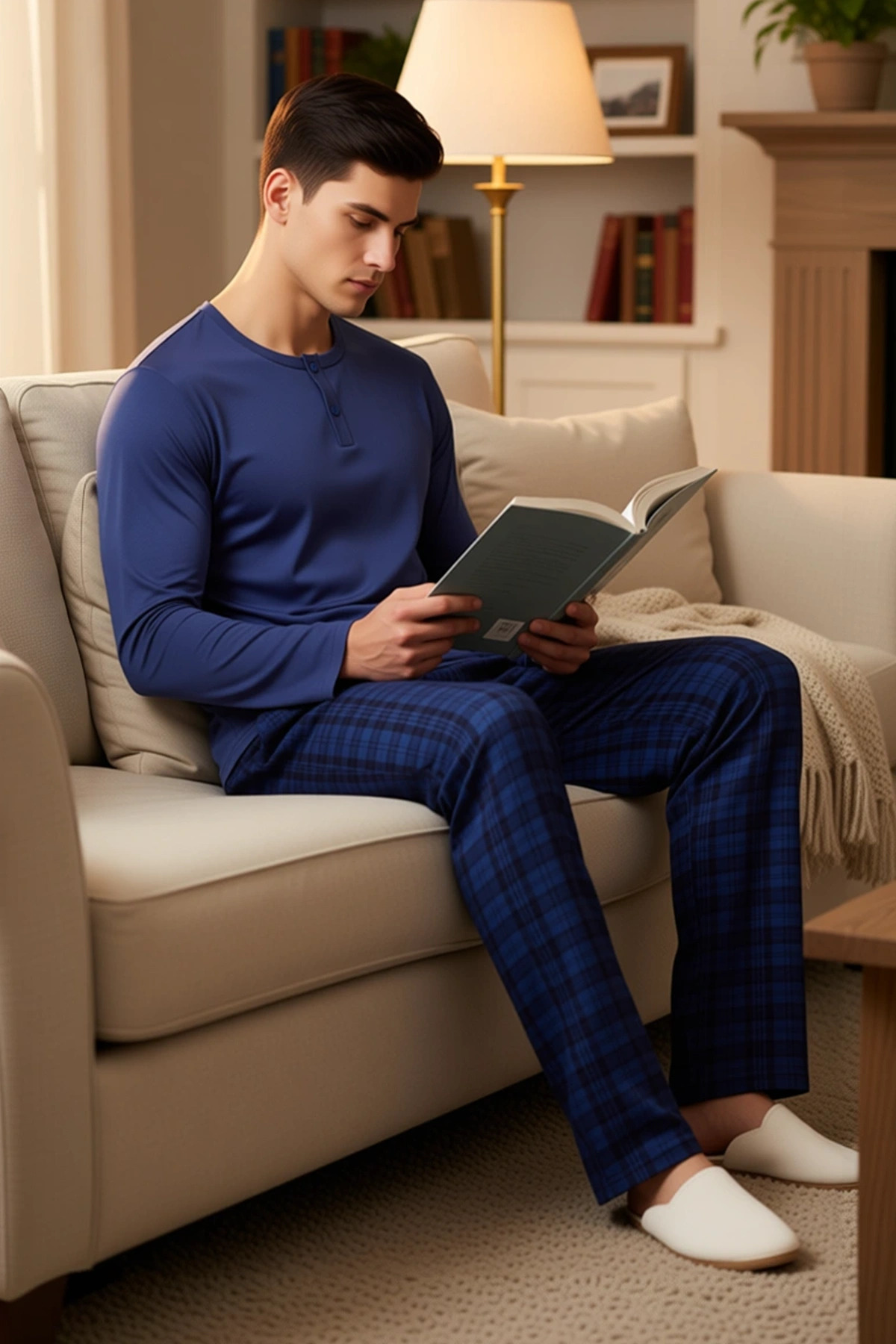 Erkek Düğmeli Yaka Uzun Kol Ekose Pantolonlu Örme Pijama Takımı Rahat