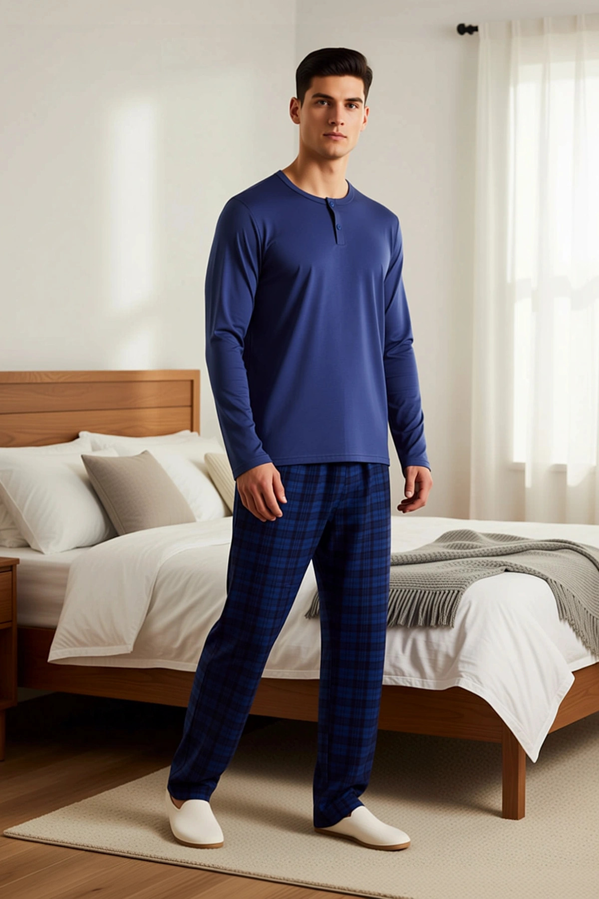 Erkek Düğmeli Yaka Uzun Kol Ekose Pantolonlu Örme Pijama Takımı Rahat