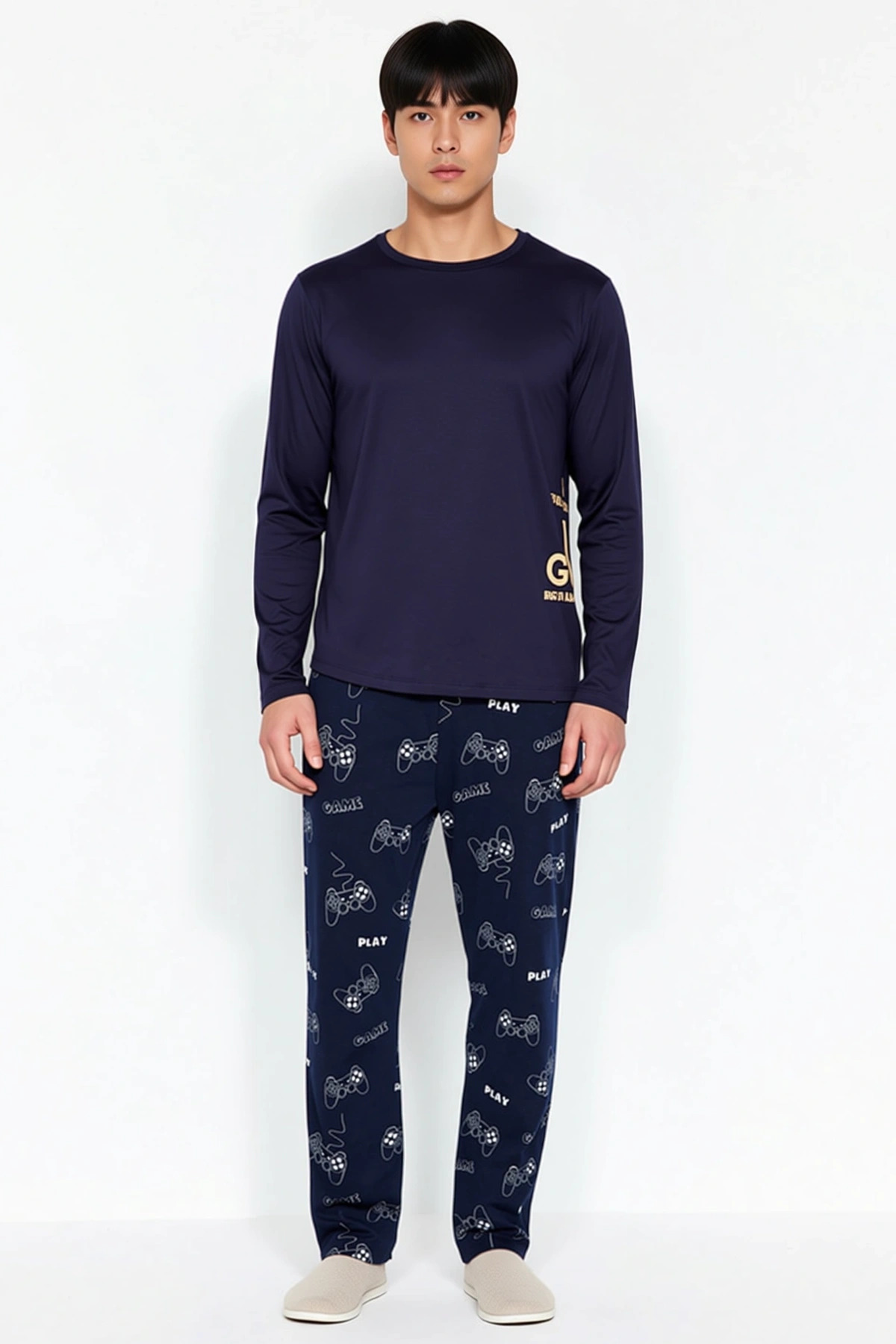 Erkek Bisiklet Yaka Standart Kol Regular Fit Baskılı Örme Pijama Takımı Estetik %100 Pamuk
