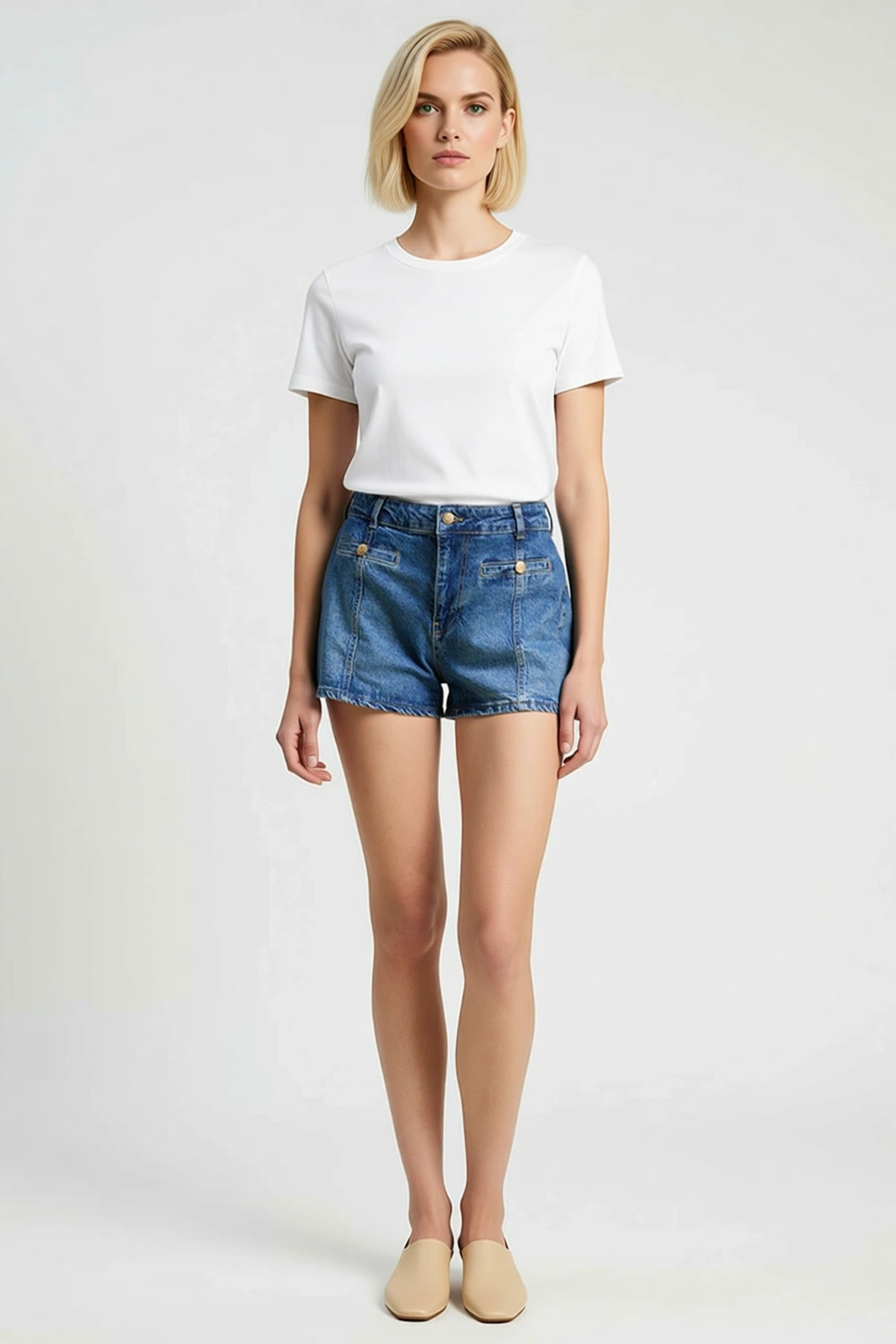 Kadın Şort Yüksek Bel Denim Boru Paça Düğme Detaylı City Short Kalıp Comfort Dokuma Kısa Boy