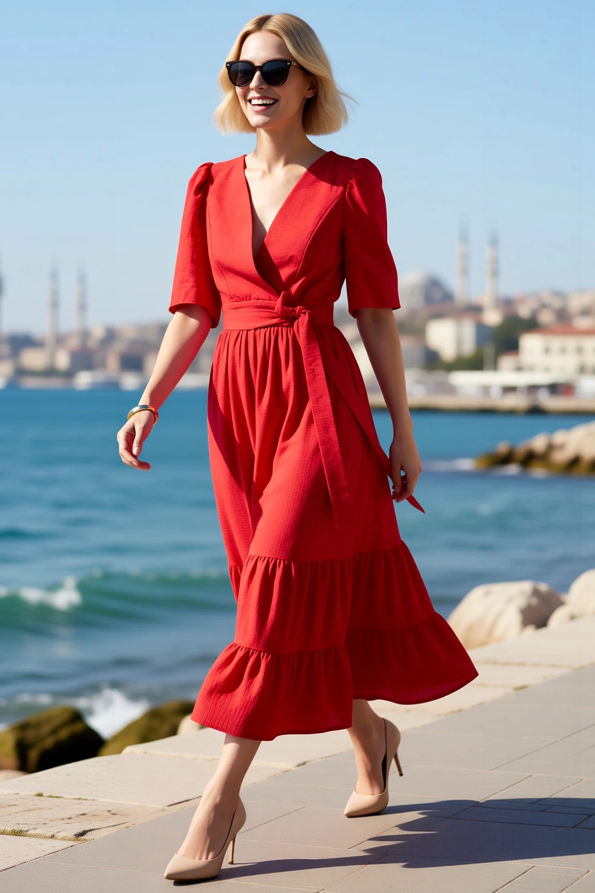 Kadın Kuşaklı Kruvaze Yaka İspanyol Kol Midi Skater Elbise Belden Açılan Eteği Rahat Günlük Modern
