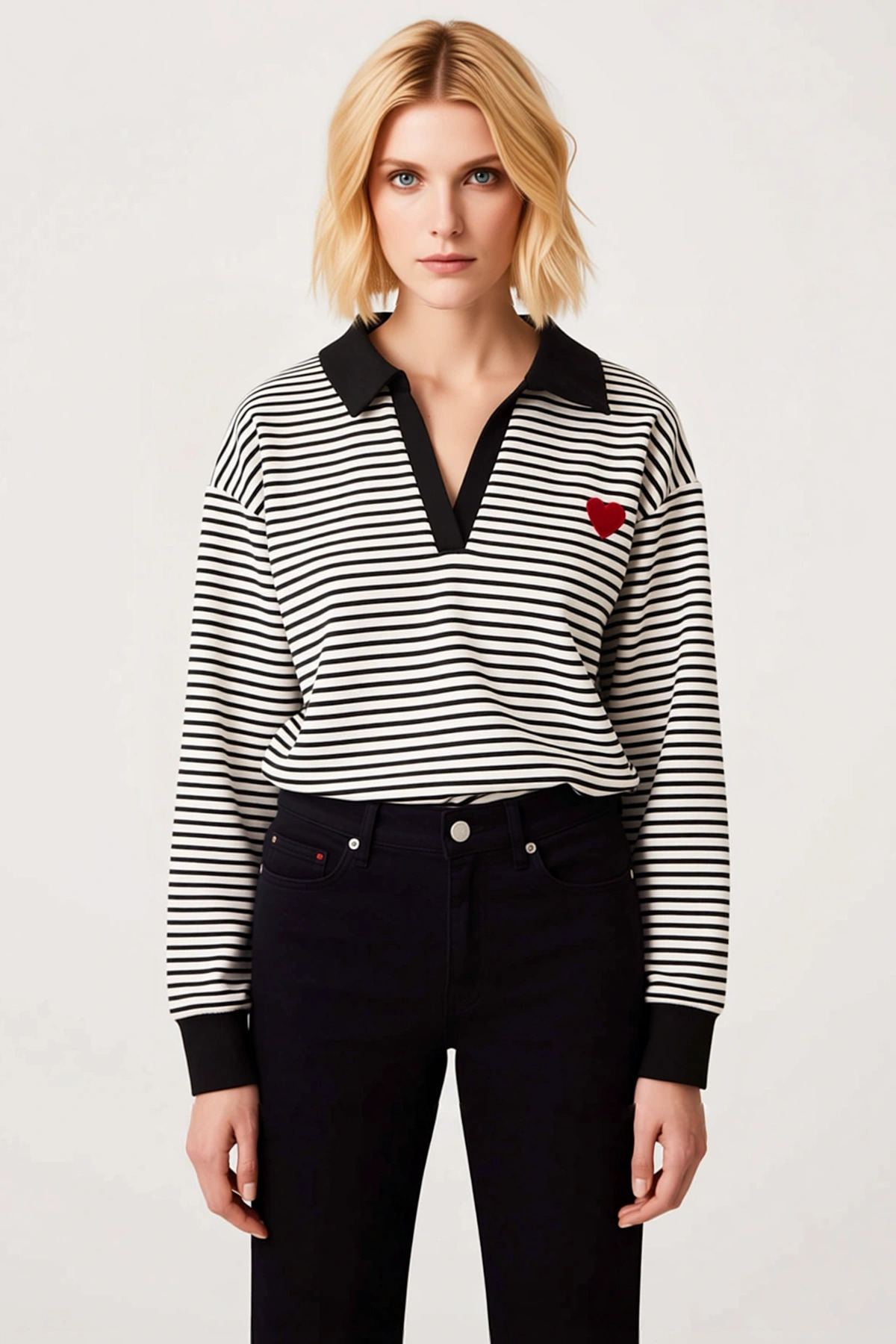 Kadın V Yaka Düşük Kol Uzun Kol Çizgili Örme Sweatshirt Fonksiyonel Dayanıklı Kaliteli Şık
