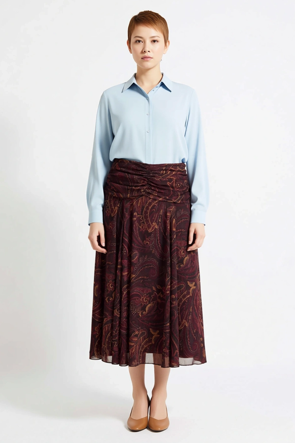 Kadın Büyük Beden Maxi Etek Tül Kumaş Etnik Desen Büzgü Detaylı Boho Chic Esnek Örme Günlük Rahat