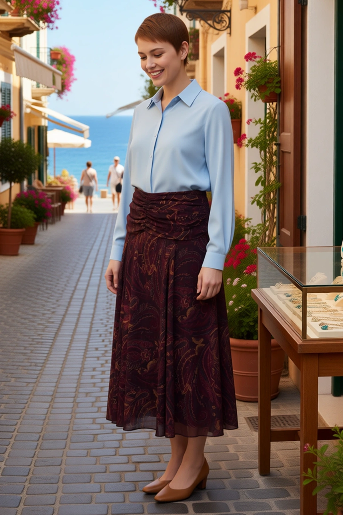 Kadın Büyük Beden Maxi Etek Tül Kumaş Etnik Desen Büzgü Detaylı Boho Chic Esnek Örme Günlük Rahat