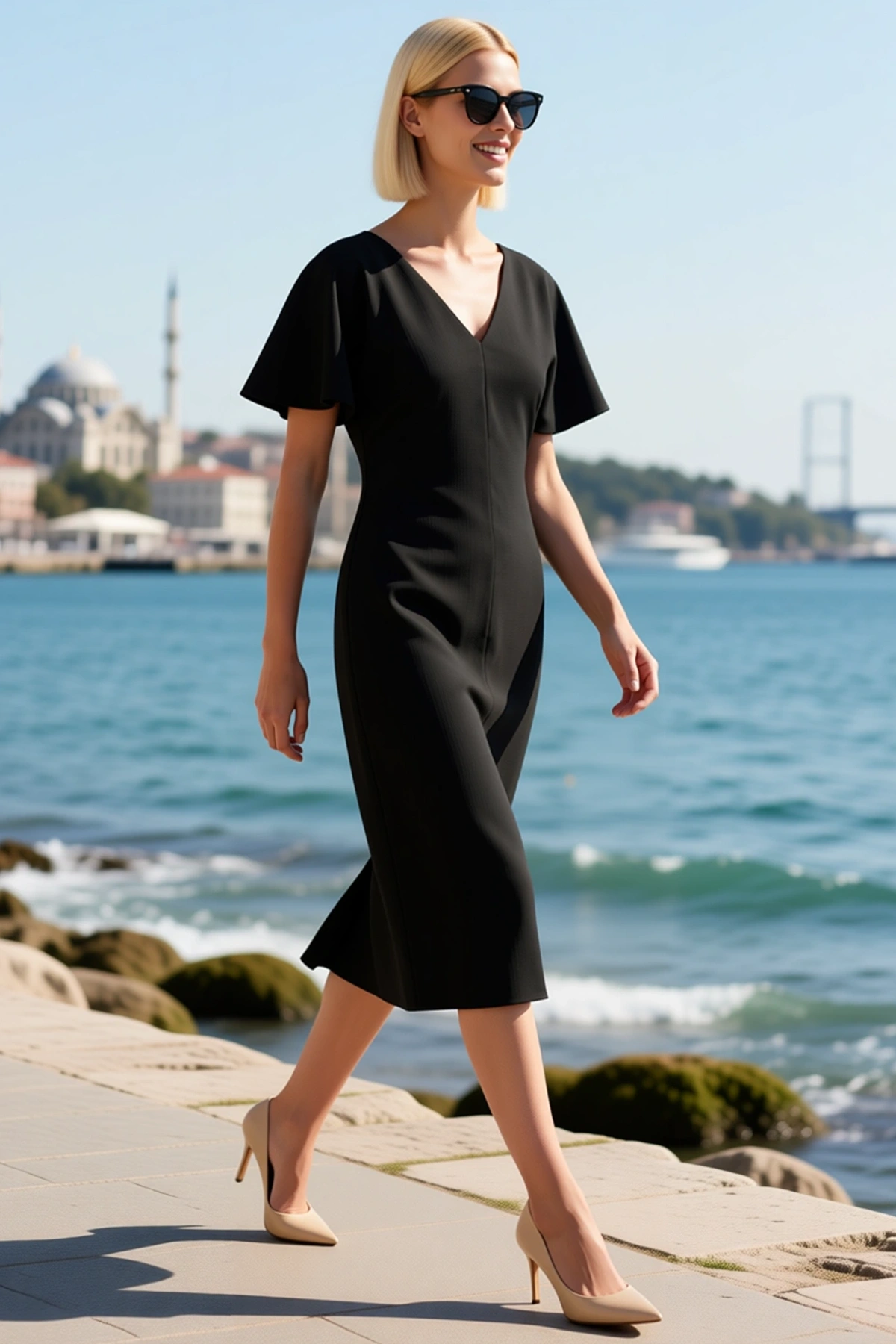 Kadın Midi Boy V Yaka Melek Kol Kısa Kollu Bodycon Kesim Scuba Krep Örme Astarsız Elbise Günlük