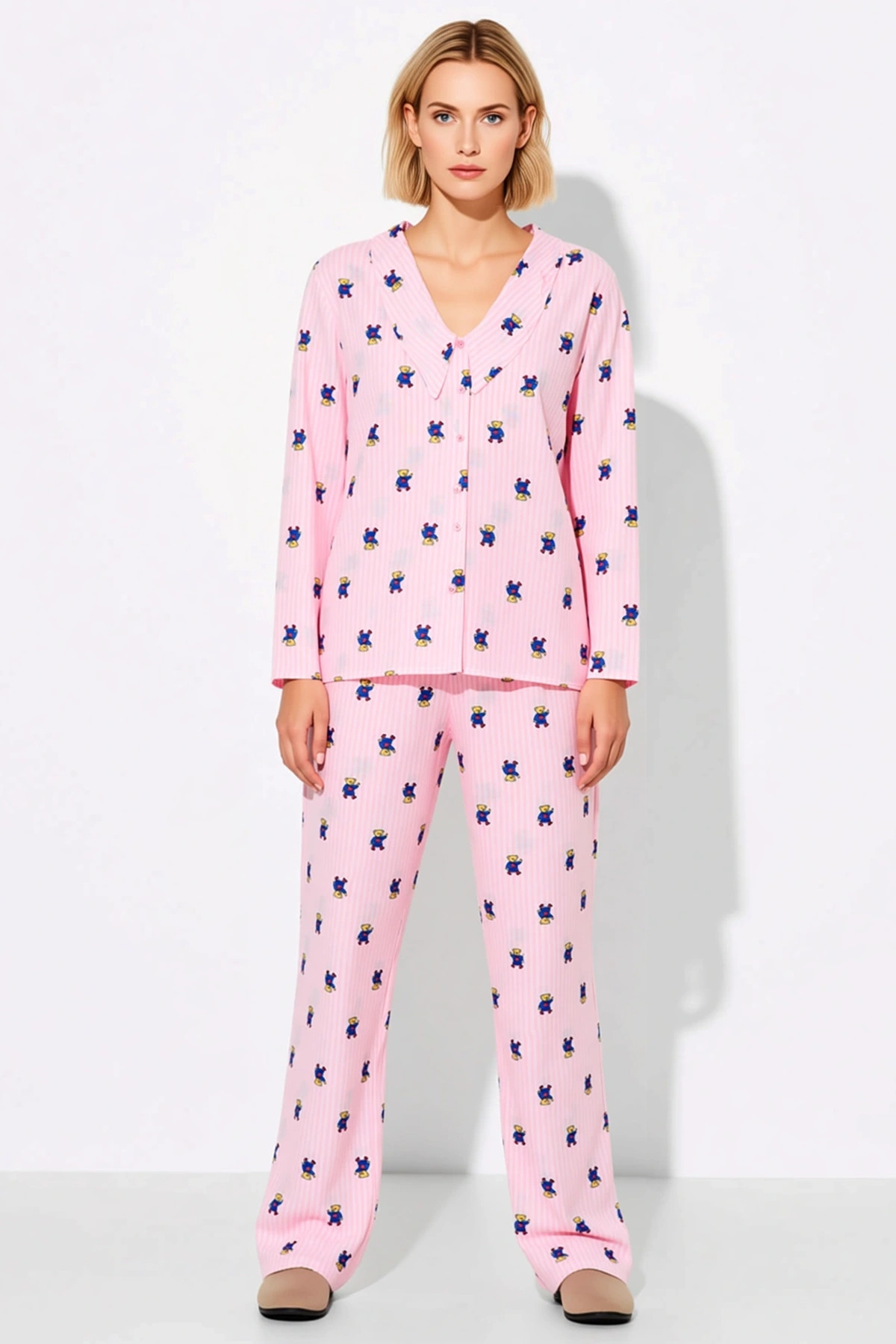 Kadın Gömlek Yaka Uzun Kol Regular Kalıp Dokuma Pijama Takımı Fonksiyonel Dayanıklı Modern