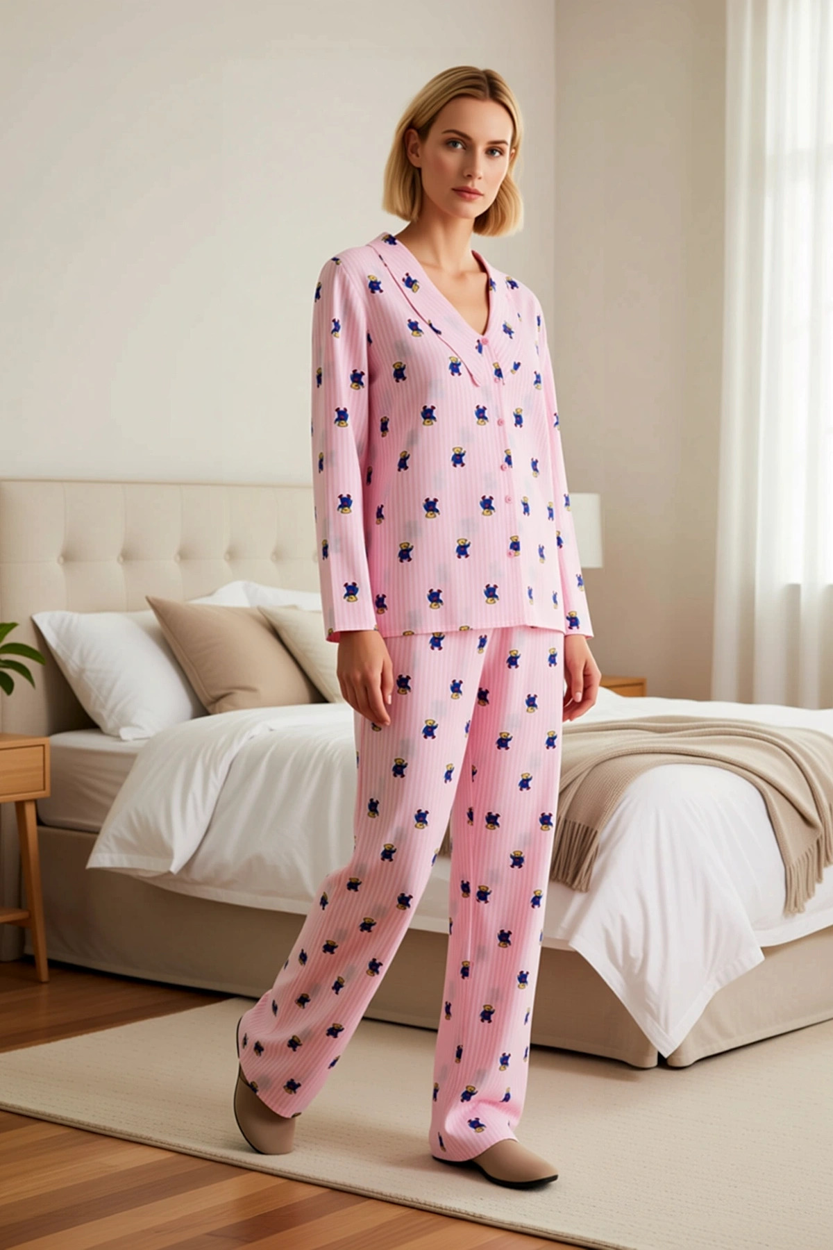 Kadın Gömlek Yaka Uzun Kol Regular Kalıp Dokuma Pijama Takımı Fonksiyonel Dayanıklı Modern
