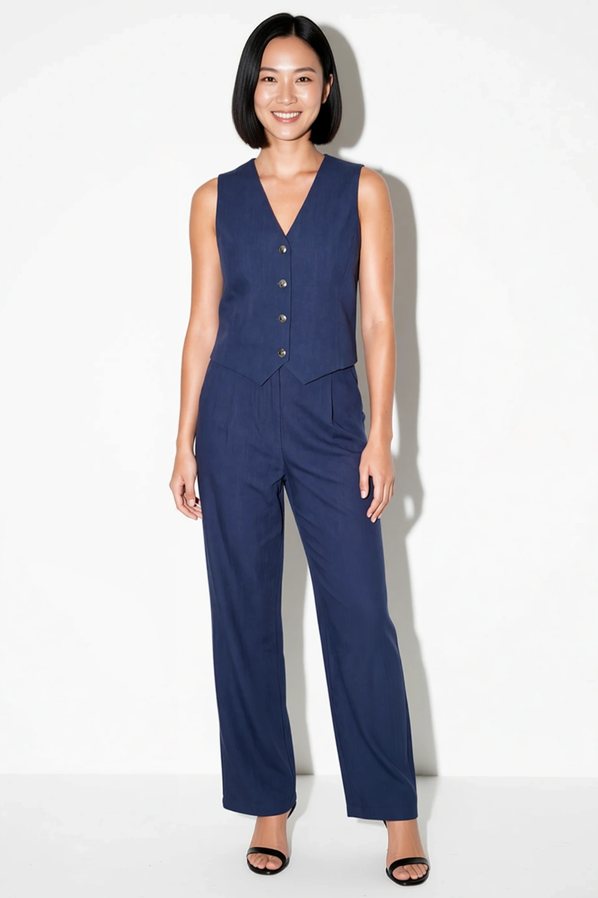 Kadın Kolsuz Yelekli Tencel Takım Oversize Kesim Geniş Paça Bisiklet Yaka Çift Cepli Dokuma Günlük