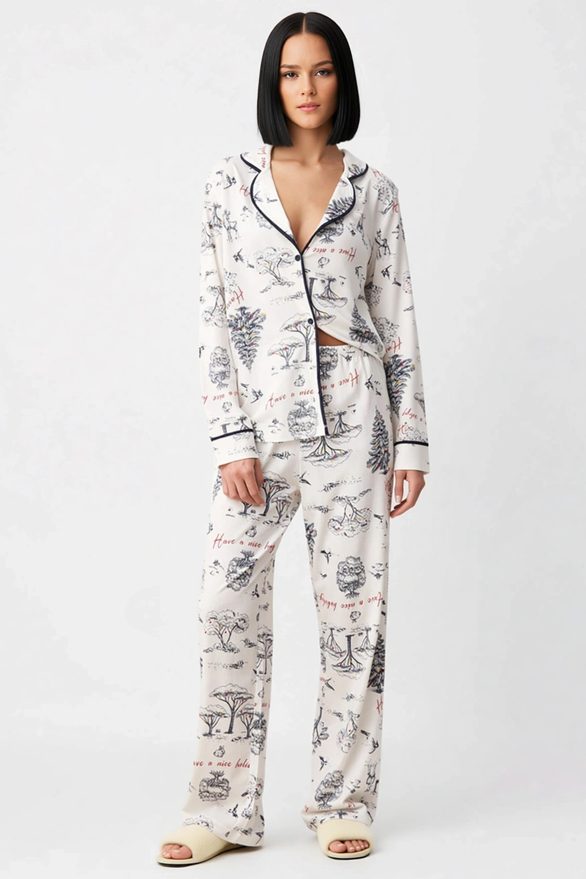 Kadın Gömlek Yaka Uzun Kollu Regular Kalıp Pijama Takımı Fonksiyonel Kaliteli