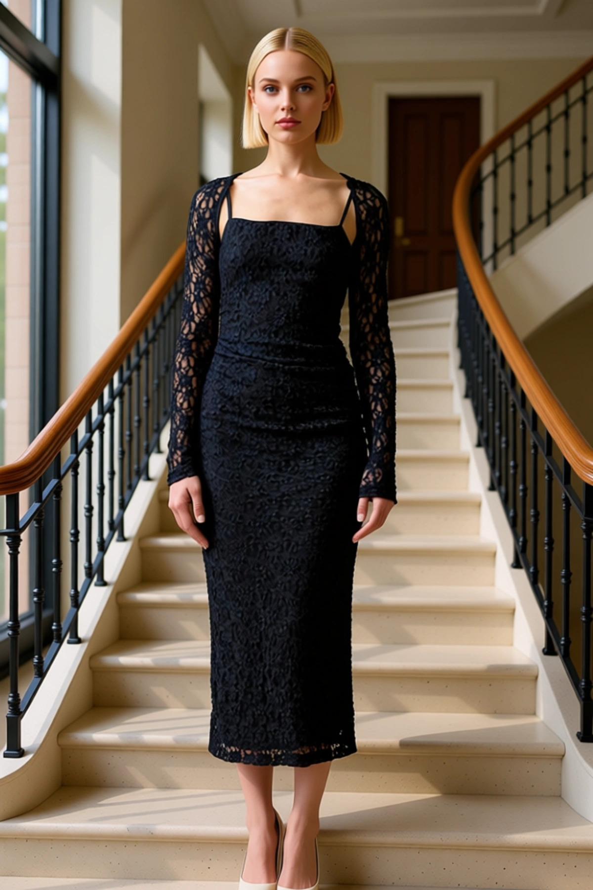 Kadın Kare Yaka Uzun Kol Bodycon Kalıp Dantel Midi Elbise Estetik