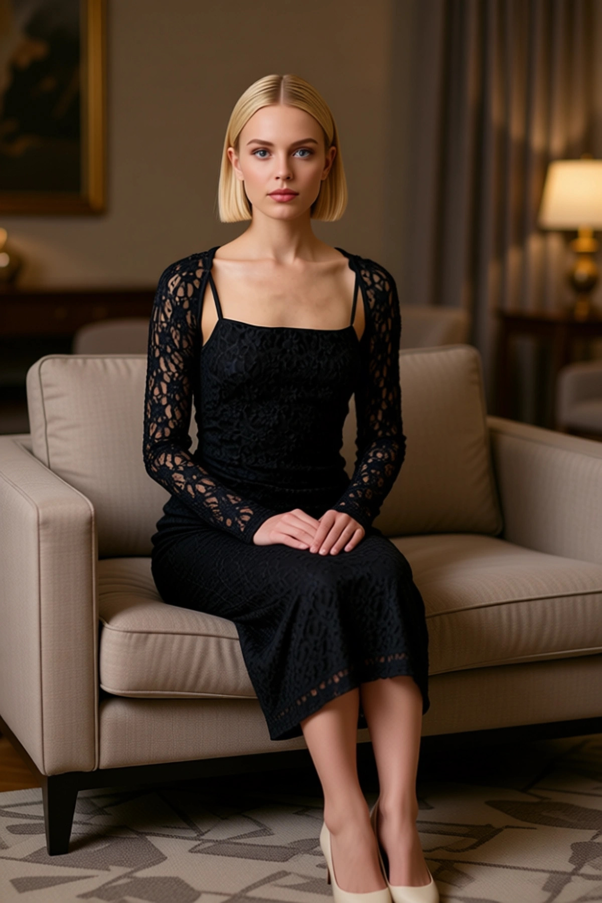 Kadın Kare Yaka Uzun Kol Bodycon Kalıp Dantel Midi Elbise Estetik
