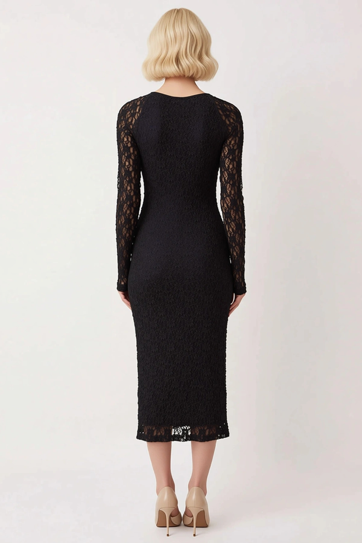 Kadın Kare Yaka Uzun Kol Bodycon Kalıp Dantel Midi Elbise Estetik