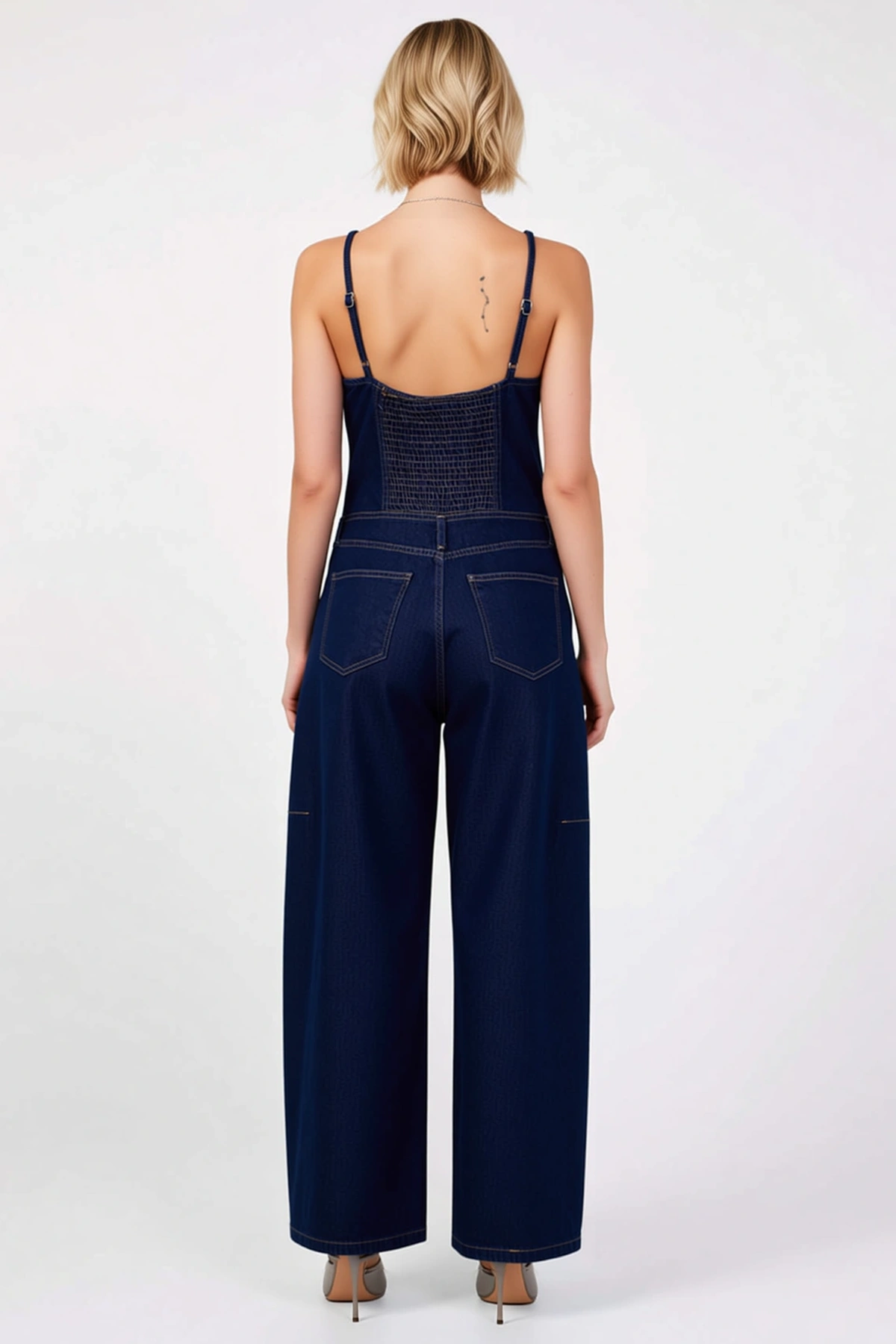 Kadın Kare Yaka İnce Askılı Kolsuz Denim Kumaş Rahat Baggy Fit Kalıp Düz Desen Uzun Boy Tulum