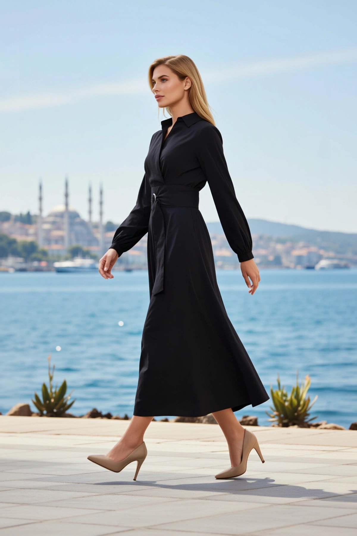 Kadın Maxi Elbise V Yaka Uzun Kol Dokuma Terrycotton Kumaş A Line Kalıp Düz Desen Kaliteli