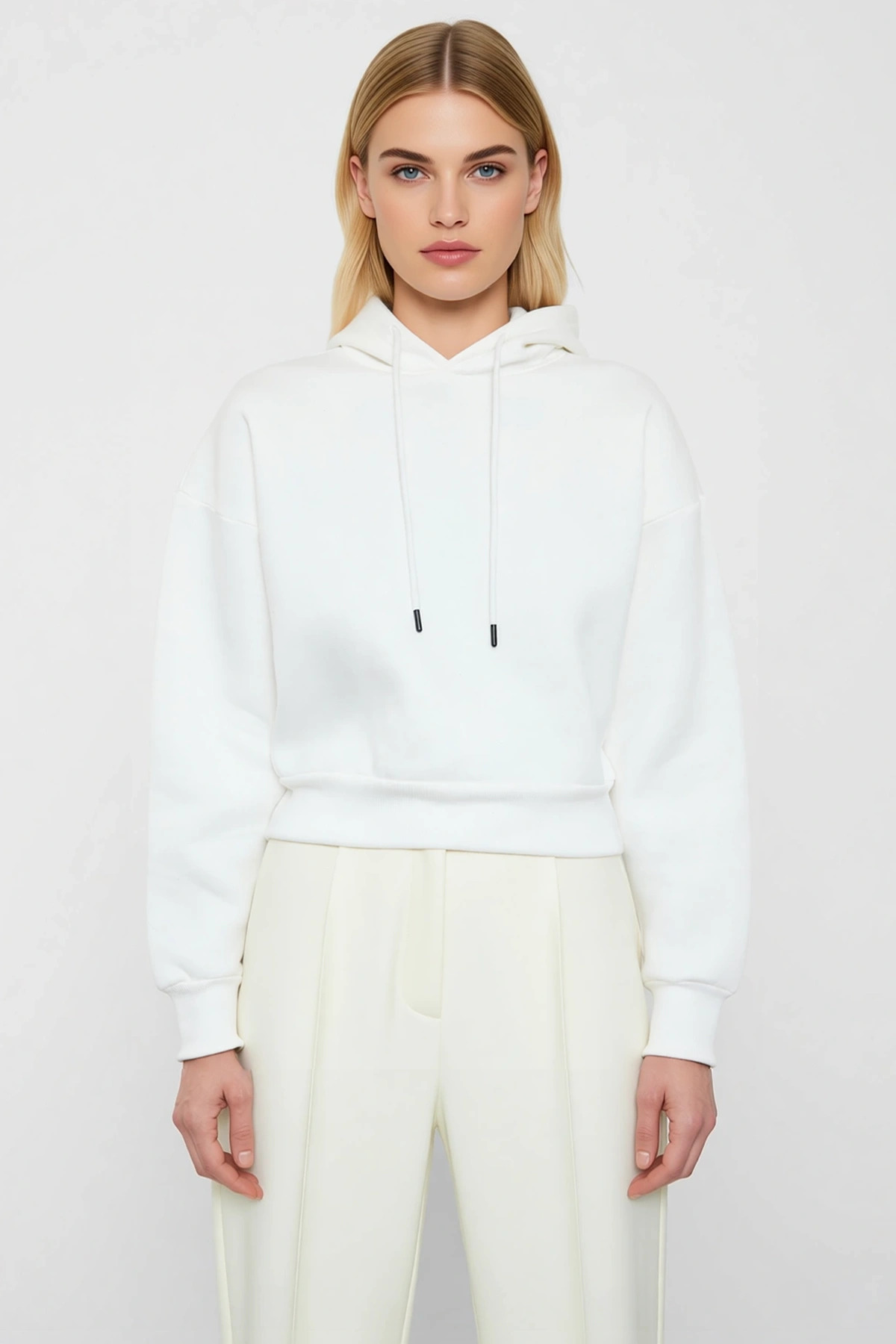 Kadın Kapüşonlu Düşük Kol Uzun Kollu Basic Örme Crop Sweatshirt Fonksiyonel Dayanıklı Spor