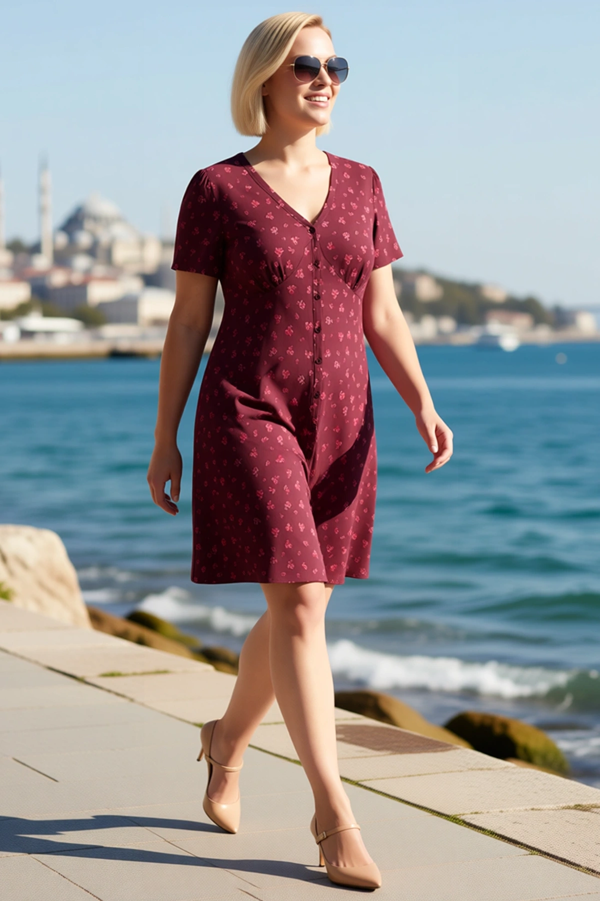 Kadın Büyük Beden Çiçek Desenli V Yaka Kısa Kollu Skater Kesim Örme Elbise Günlük Rahat Modern Şık