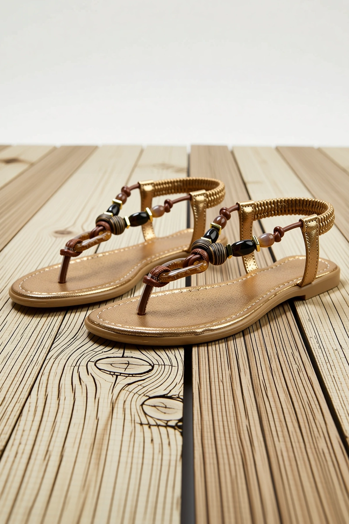 Kadın T-Strap Bilekten Bağlamalı Düz Tabanlı Metalik Suni Deri Sandalet Günlük Rahat Modern Şık