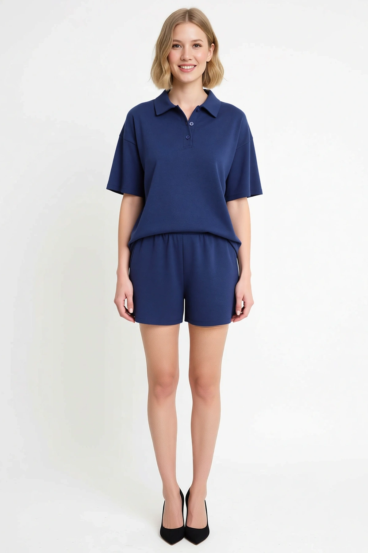 Kadın Büyük Beden Polo Yaka Kısa Kollu Oversize Ribana Örme Şort Takım Cepli Rahat Günlük Modern