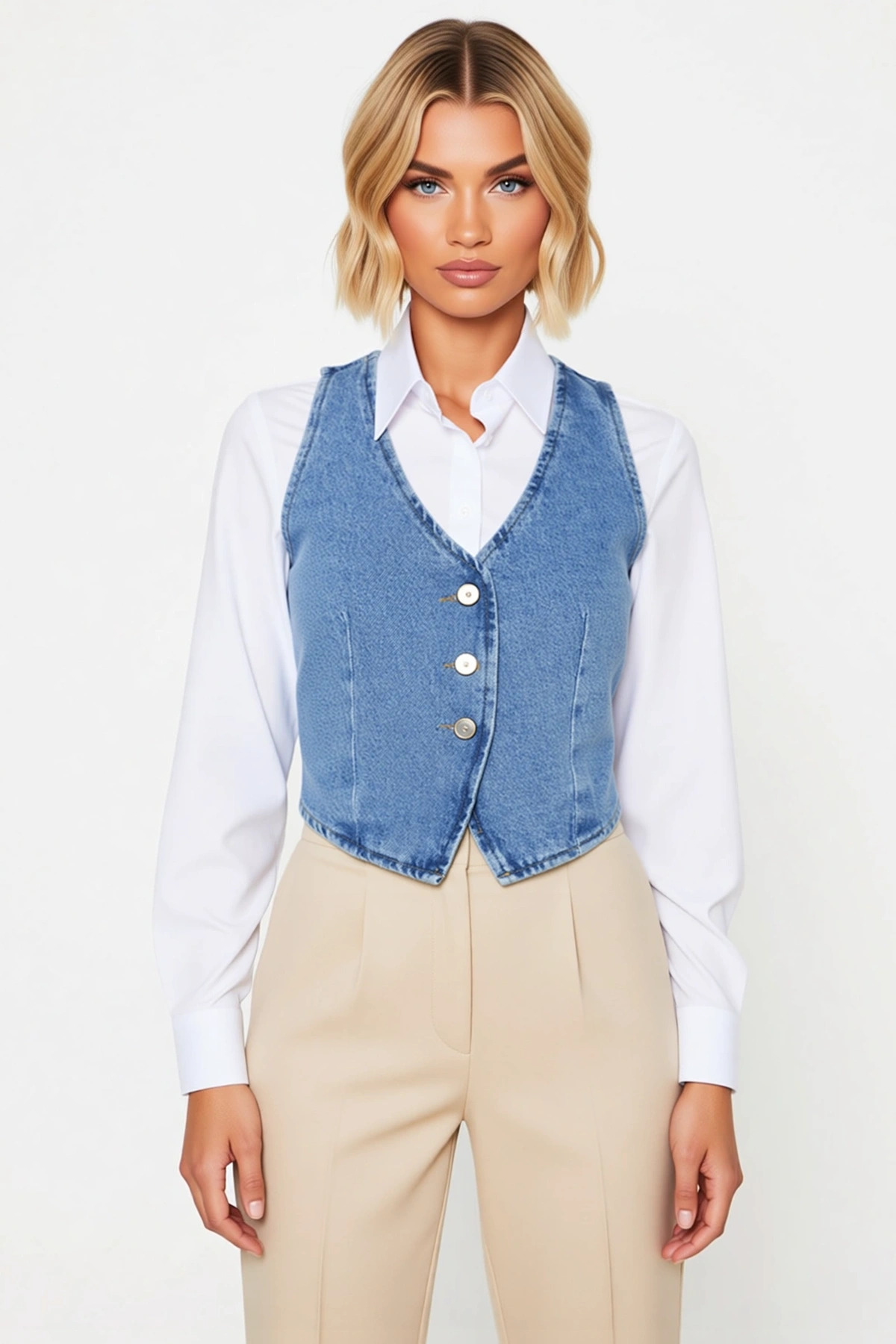 Kadın V Yaka Kolsuz Fitted Denim Yelek Düz Desen Astarsız Regular Boy Basic Siluet %100 Pamuk