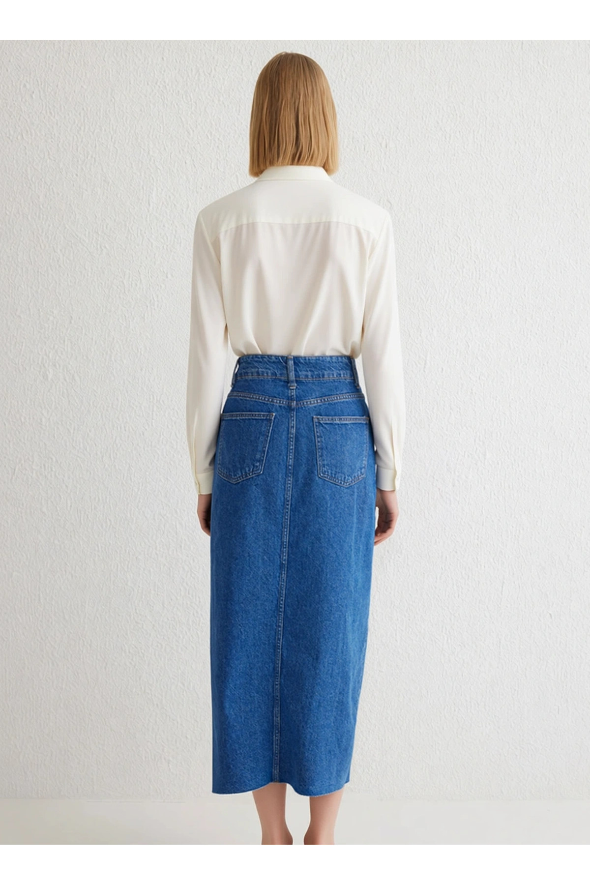 Kadın Midi Yırtmaçlı Dikiş Detaylı Kalem Denim Etek %100 Pamuk Fonksiyonel Dayanıklı Rahat