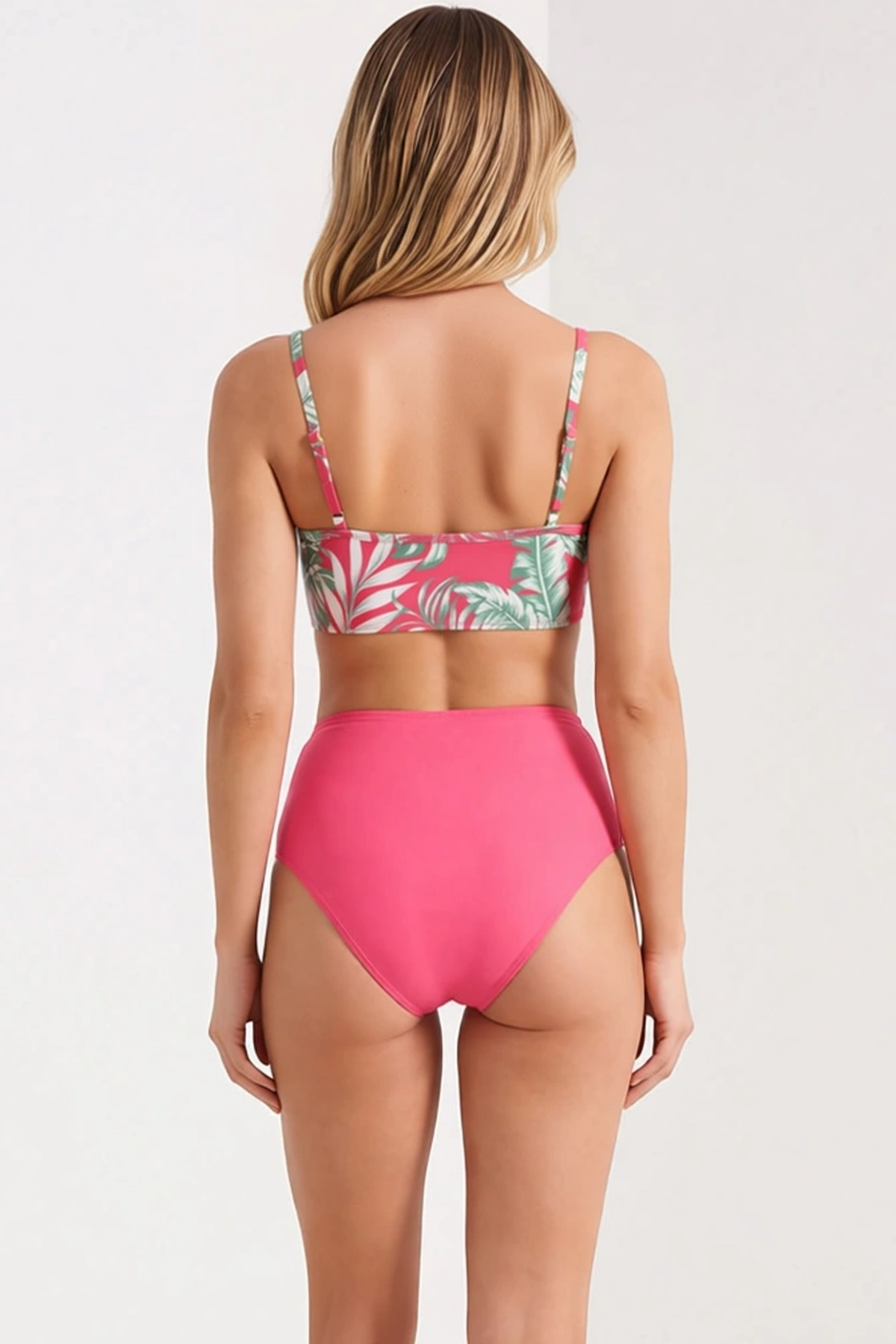 Kadın Bikini Takımı Tropikal Desenli Drapeli Üçgen Kaplı Balensiz Yüksek Bel Hipster Örme Şık