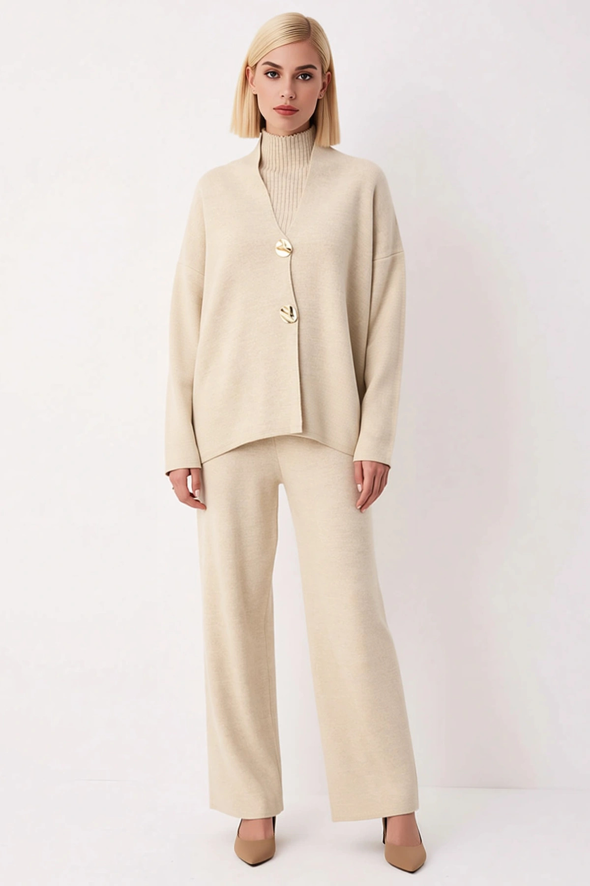 Kadın Oversize V Yaka Triko Hırka Pantolon Üç Parçalı Takım Düşük Kollu Rahat Kesim Günlük Modern