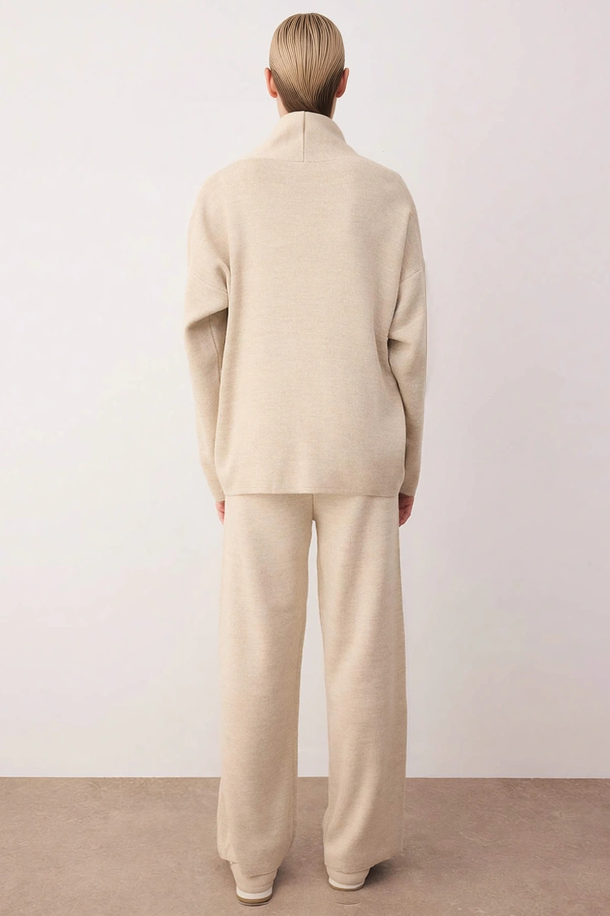Kadın Oversize V Yaka Triko Hırka Pantolon Üç Parçalı Takım Düşük Kollu Rahat Kesim Günlük Modern