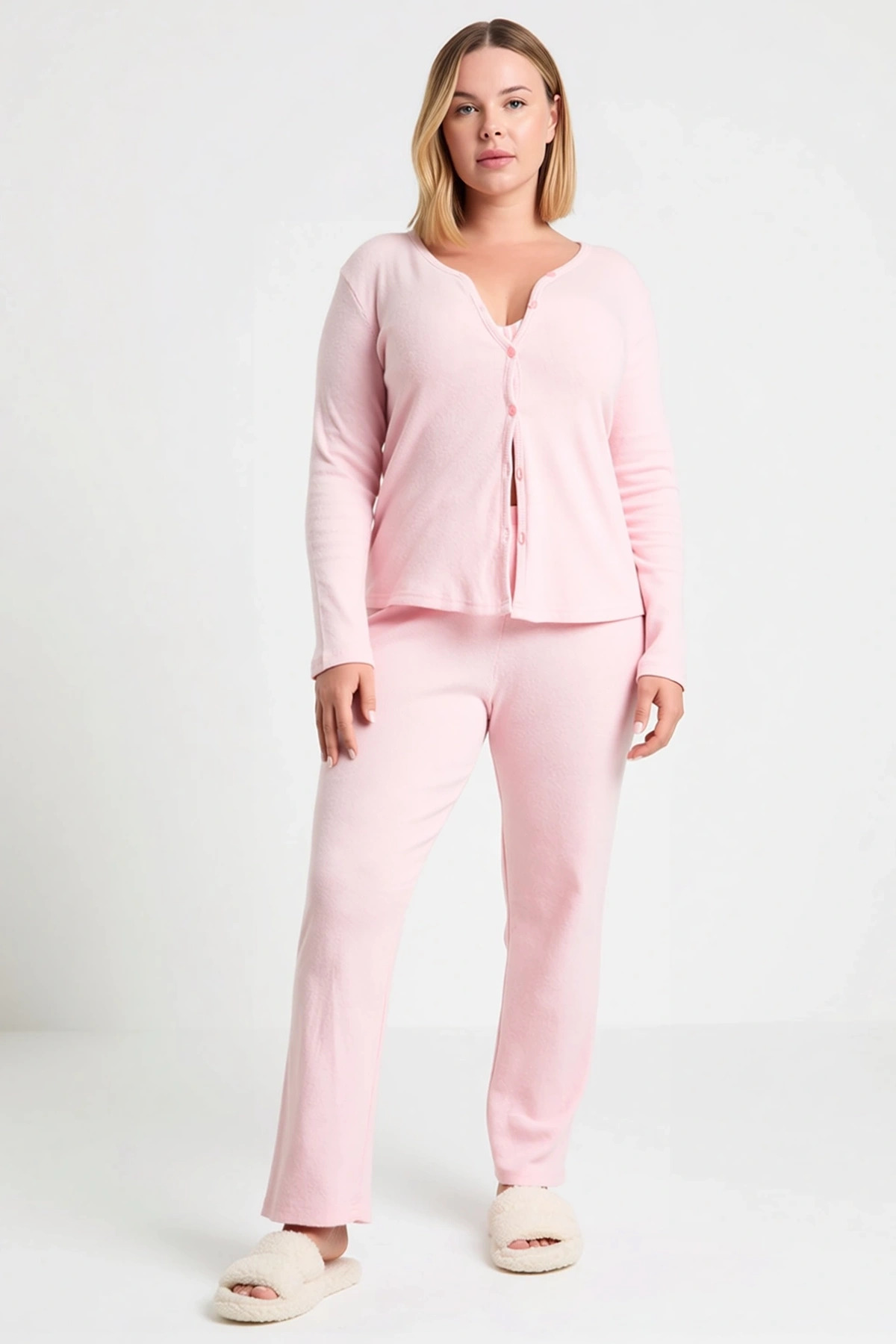 Kadın V Yaka Standart Kol Uzun Kollu Regular Fit Hırkalı Örme Pijama Takımı Fonksiyonel Şık