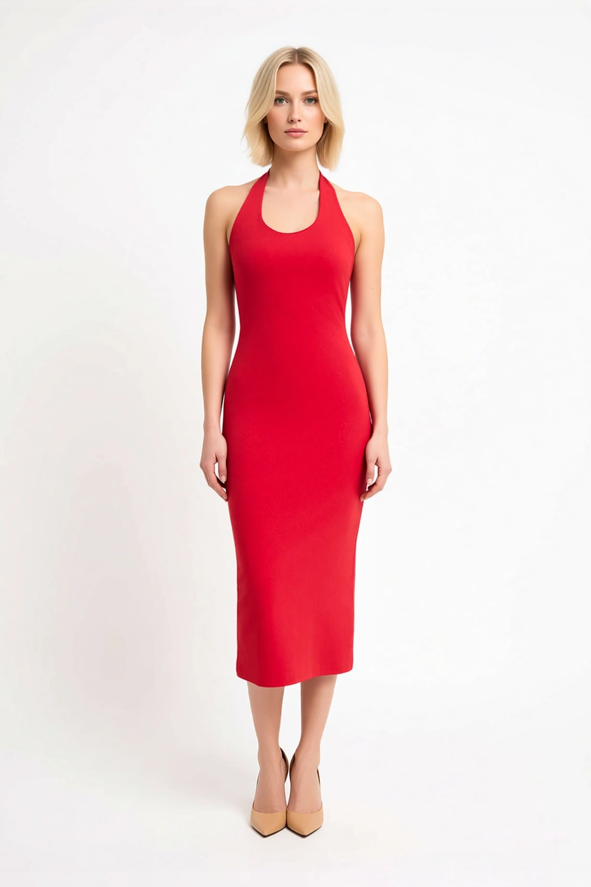 Kadın Havuz Yaka Kolsuz Bodycon Midi Elbise %96 Polyester Elastan Astarsız Düz Desen Günlük Rahat