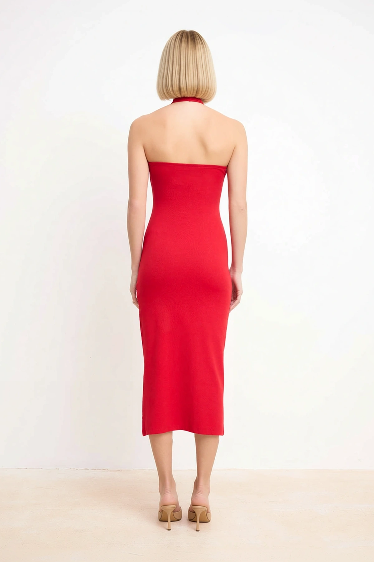 Kadın Havuz Yaka Kolsuz Bodycon Midi Elbise %96 Polyester Elastan Astarsız Düz Desen Günlük Rahat