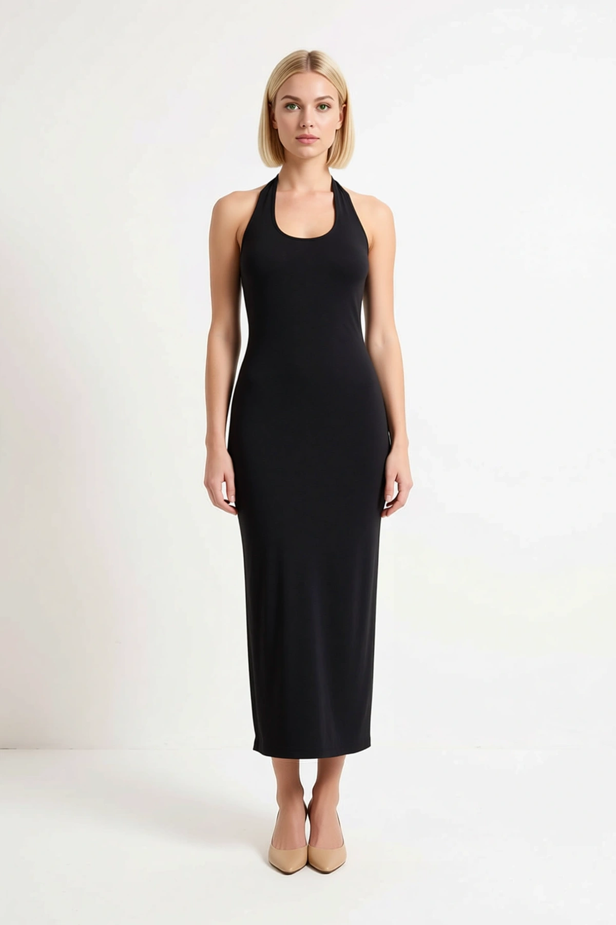 Kadın Havuz Yaka Kolsuz Bodycon Midi Elbise %96 Polyester Elastan Astarsız Düz Desen Günlük Rahat